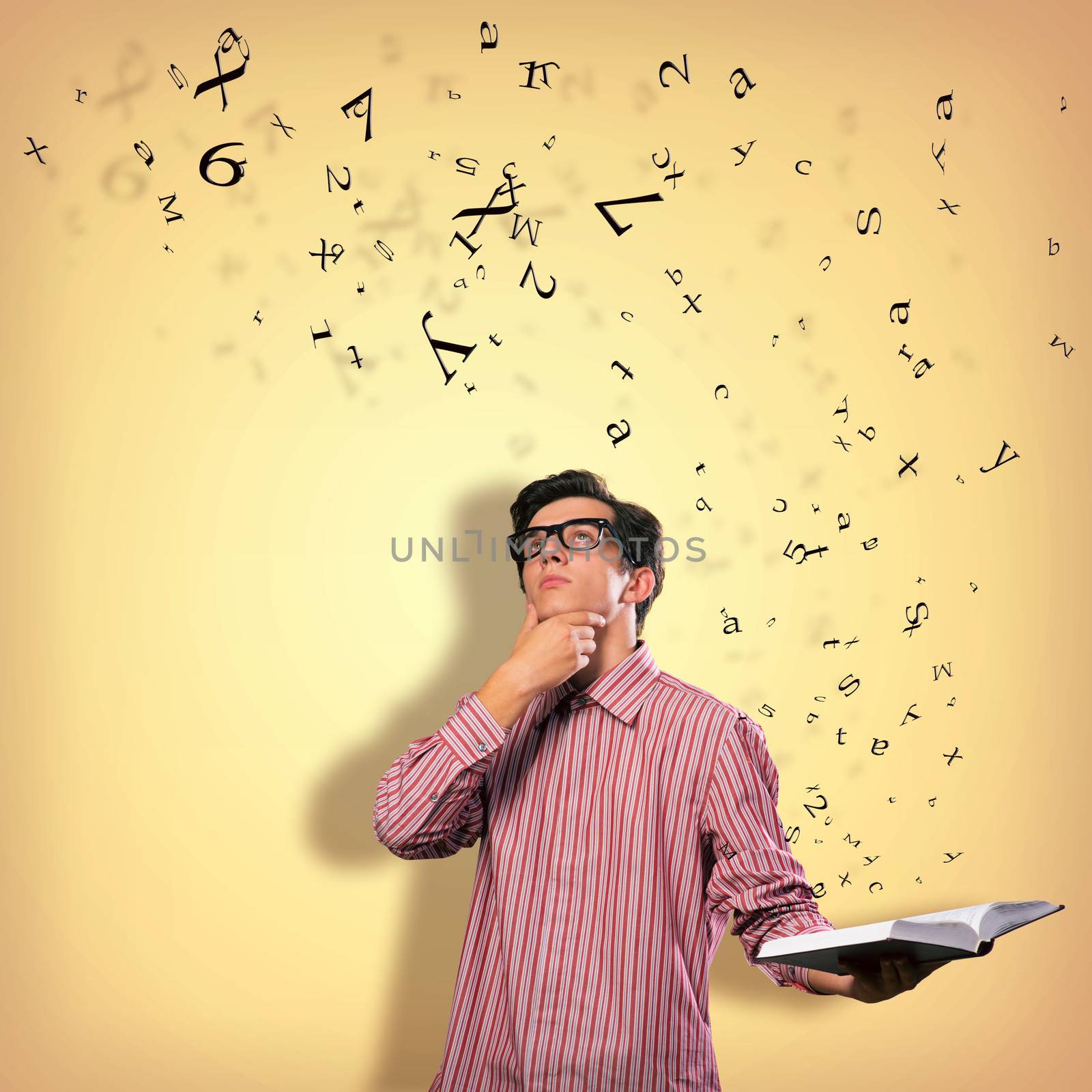 young scientist holding a book, fly out different ideas. concept of creativity