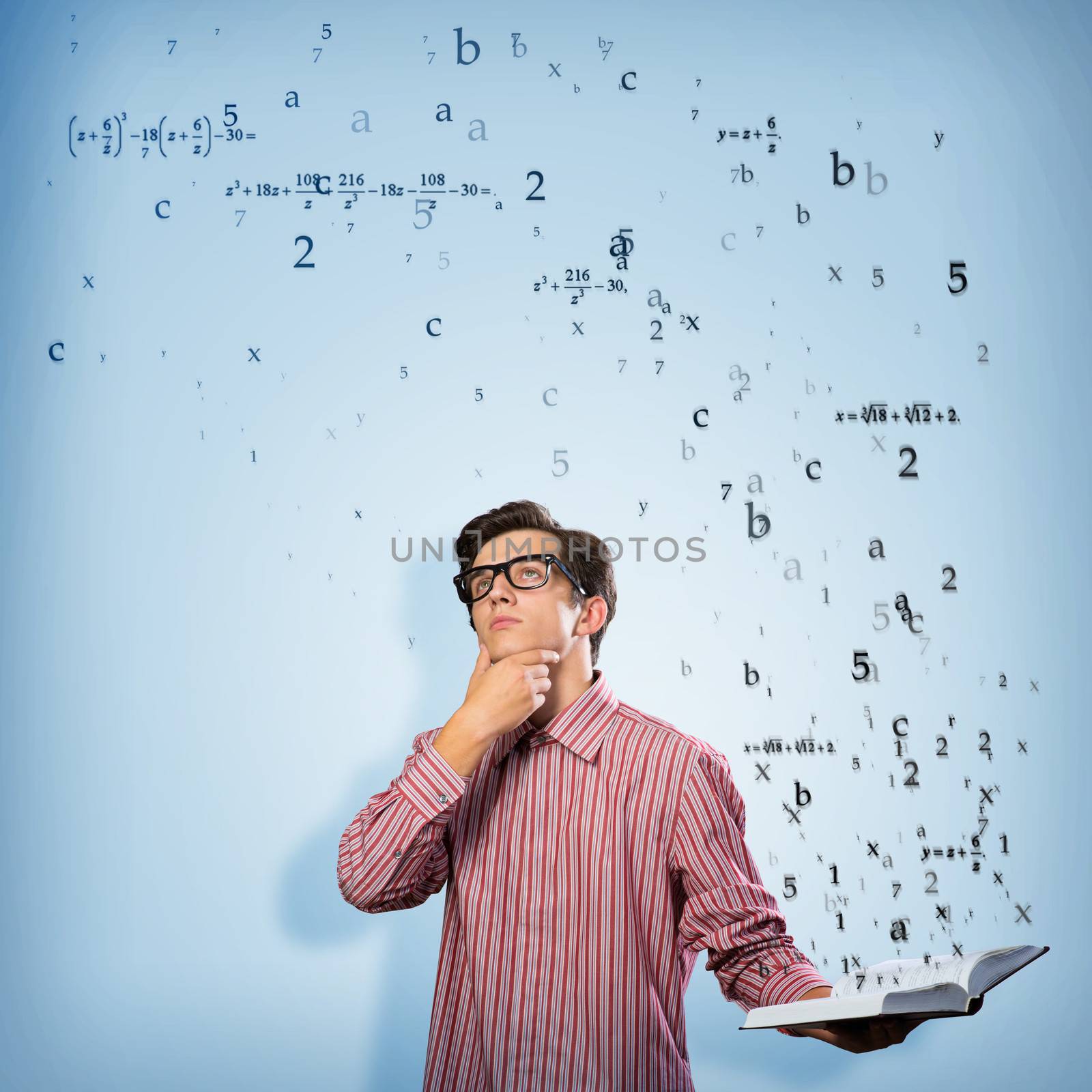 young scientist holding a book, fly out different ideas. concept of creativity