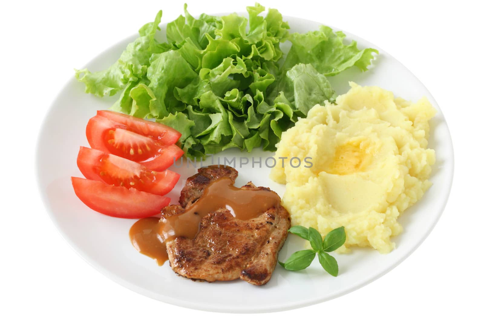 fried pork with mashed potato and salad