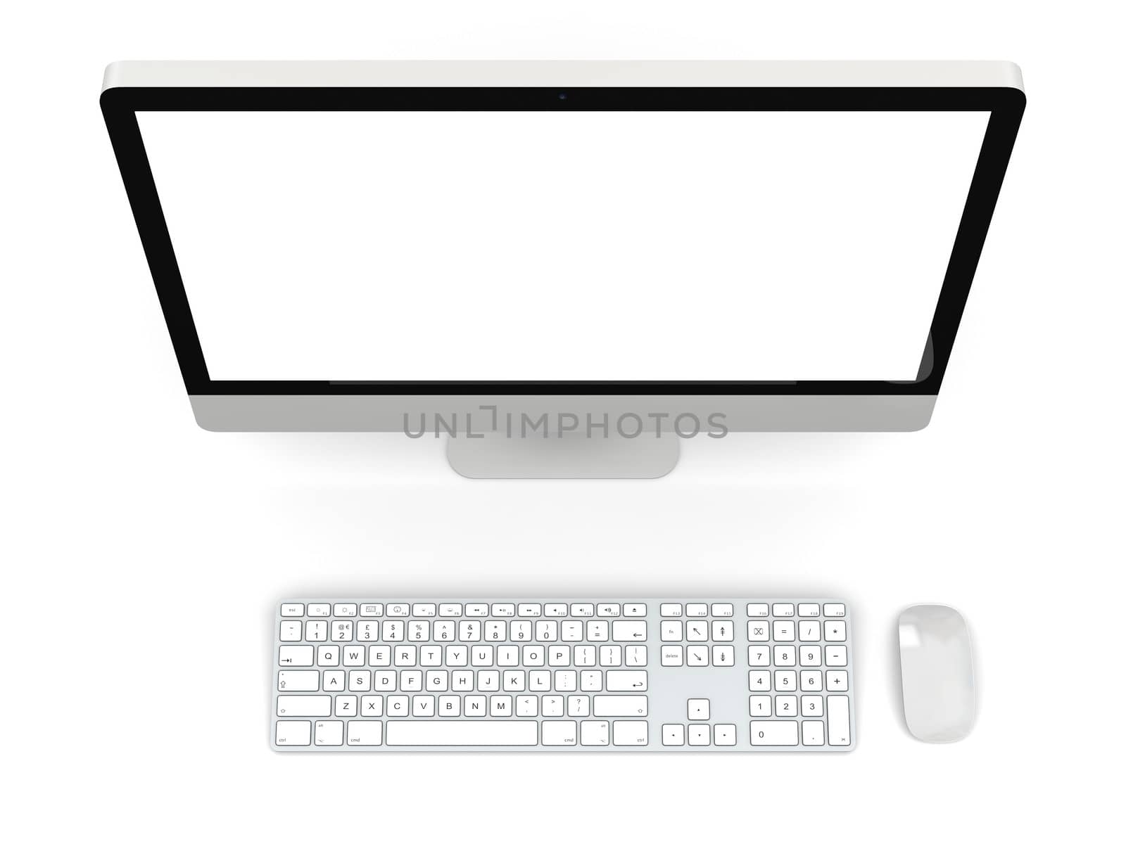 Modern desktop computer with white blank screen isolated on white background