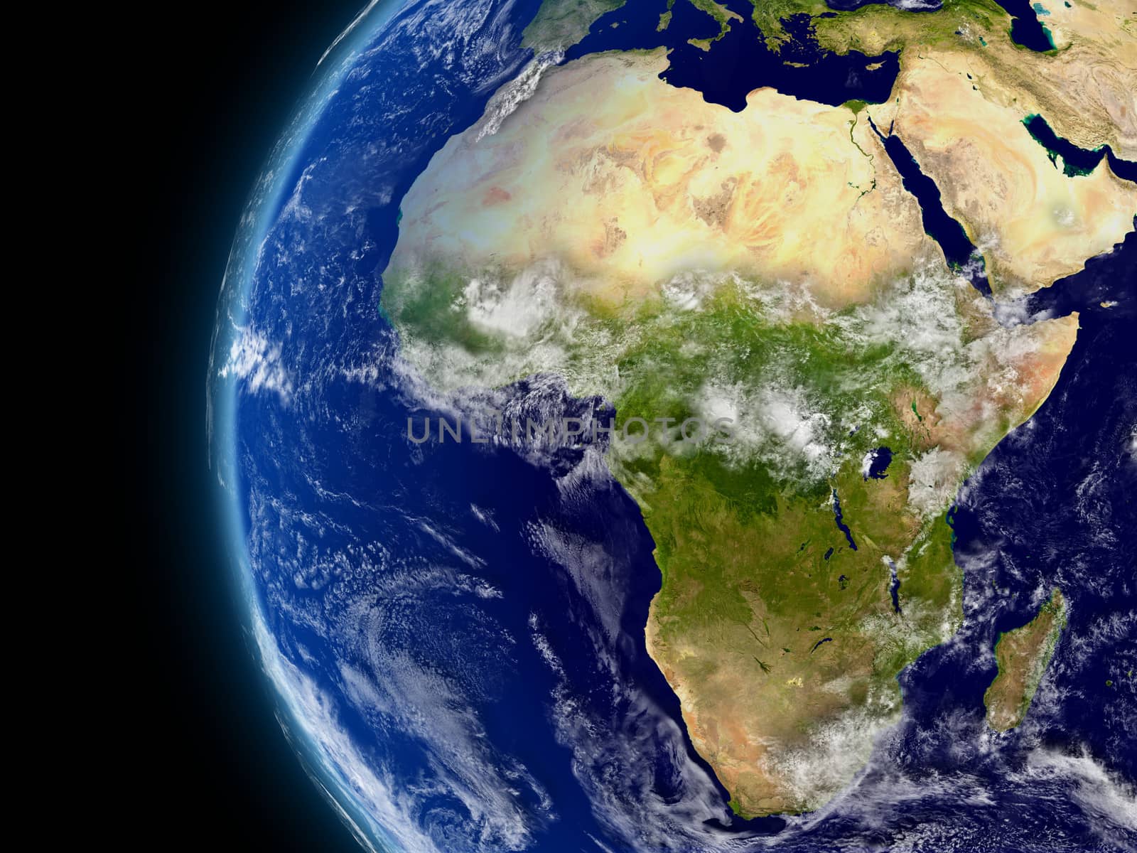 Africa viewed from space with atmosphere and clouds. Elements of this image furnished by NASA.