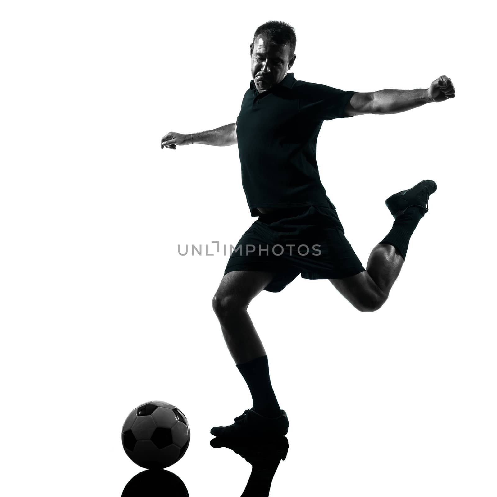 one man soccer player in studio silhouette isolated on white background