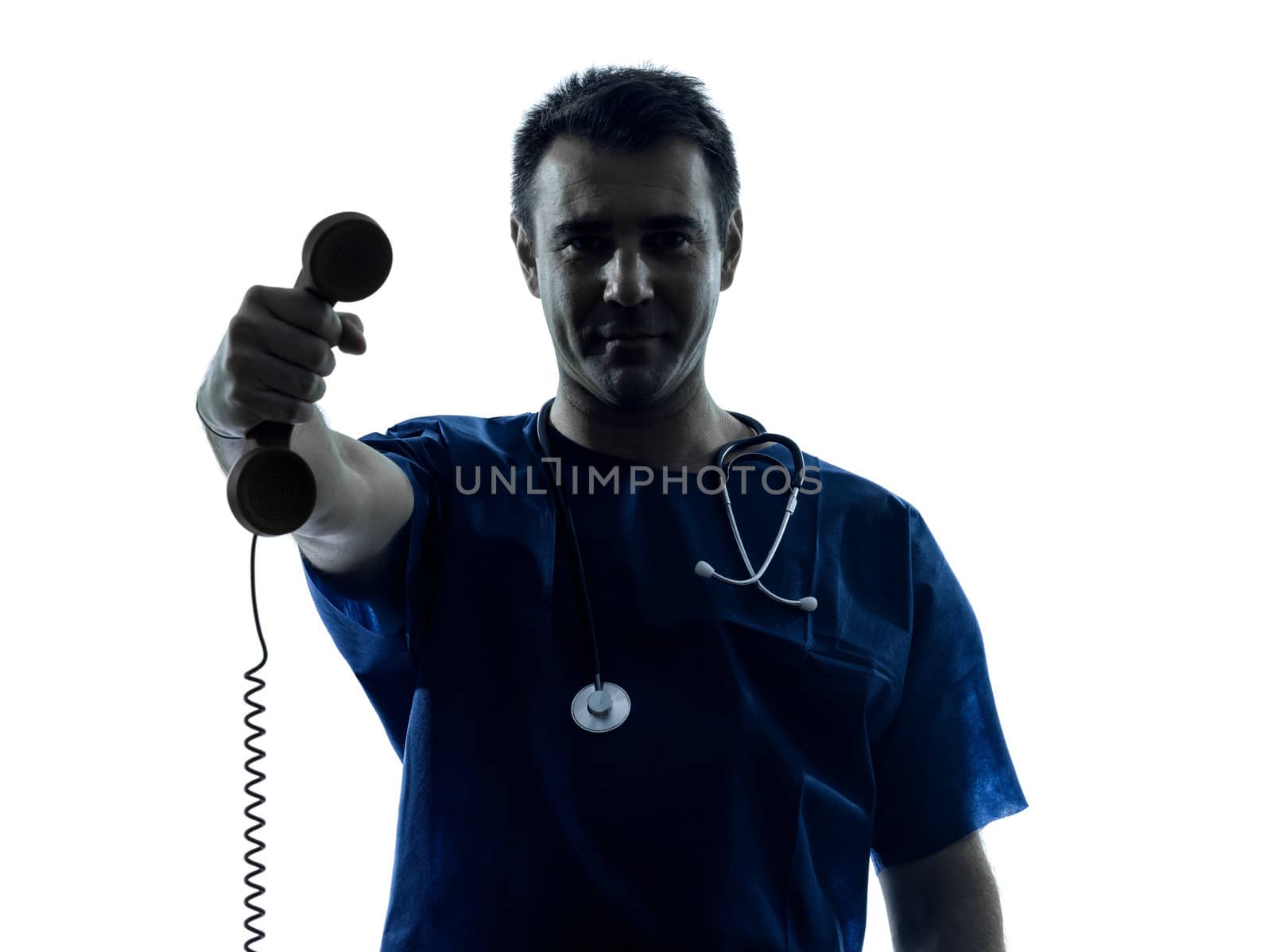 one caucasian man doctor surgeon medical worker holding phone silhouette isolated on white background