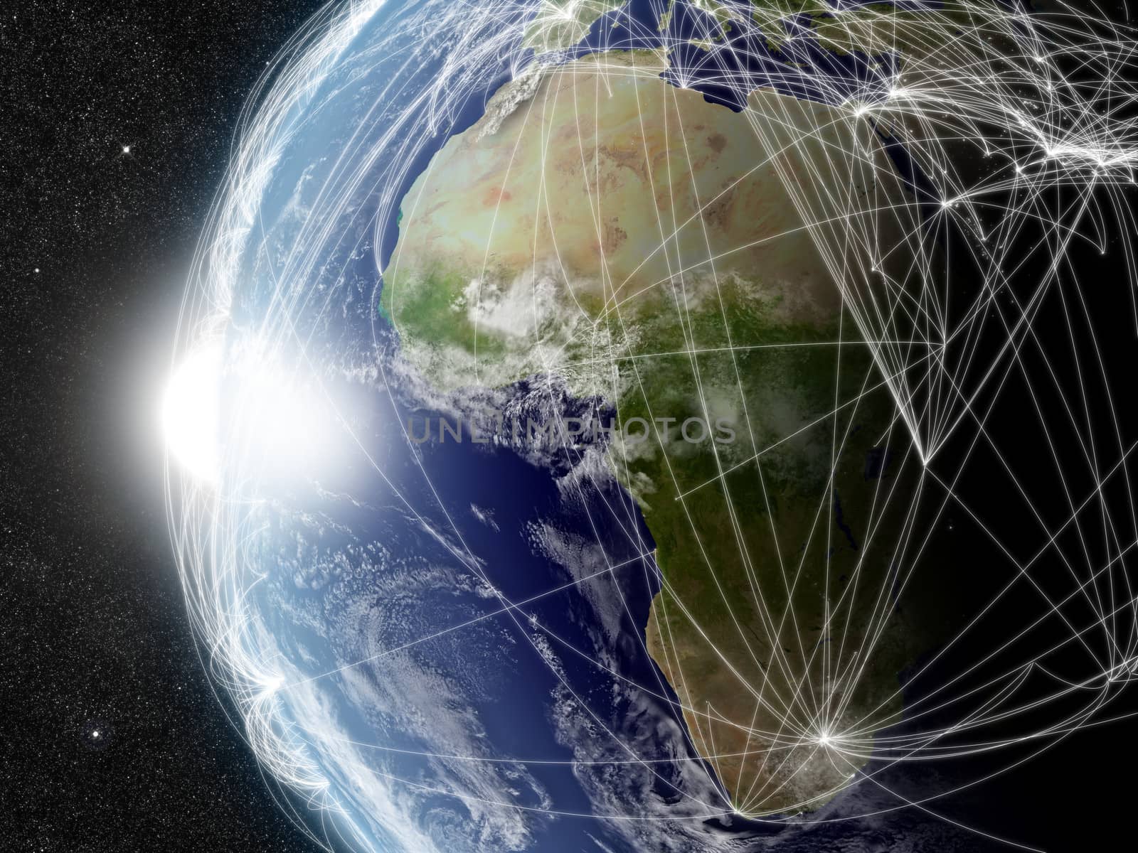 Africa region with network representing major air traffic routes. Elements of this image furnished by NASA.