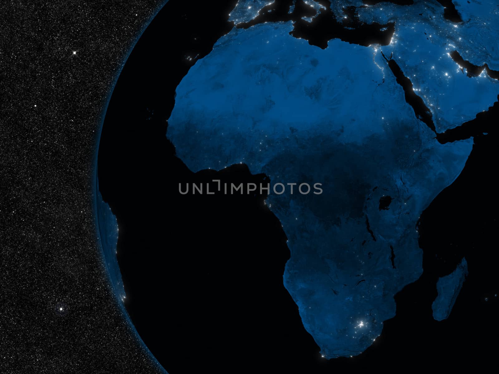 Night in Africa region with city lights viewed from space. Elements of this image furnished by NASA.