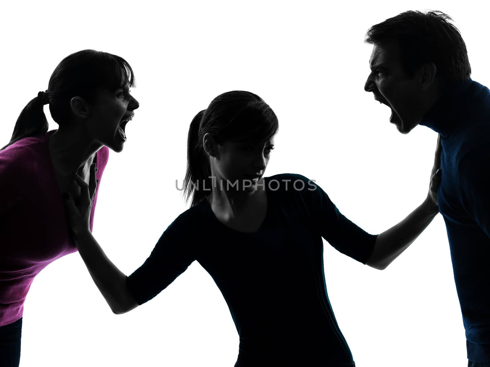 one caucasian family father mother daughter dispute screaming in silhouette studio isolated on white background