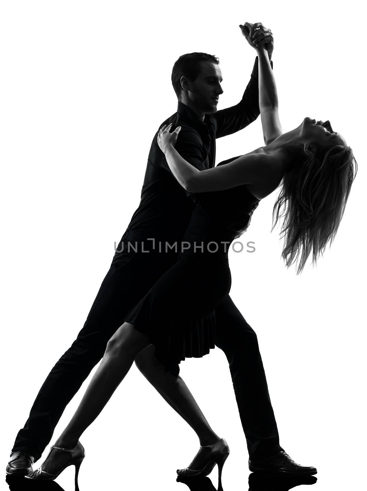 one caucasian couple woman man dancing dancers salsa rock in silhouette studio isolated on white background