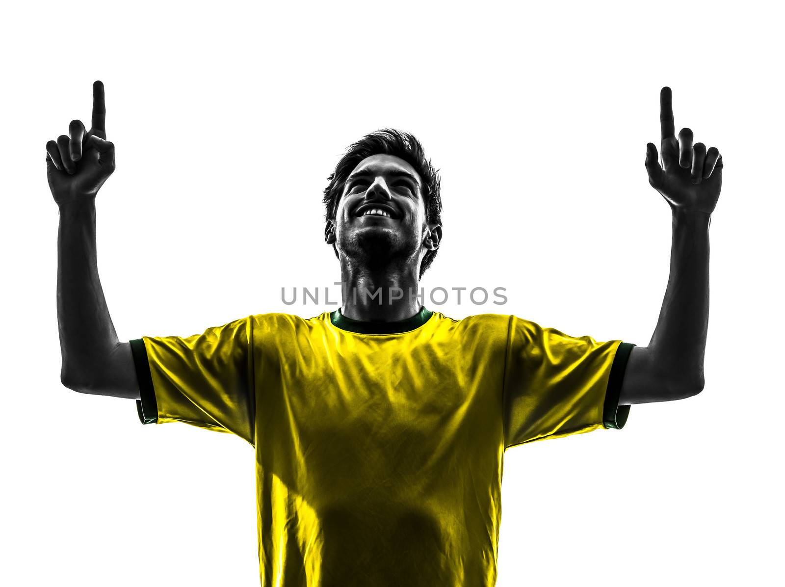 one brazilian soccer football player young man happiness joy pointing up in silhouette studio on white background