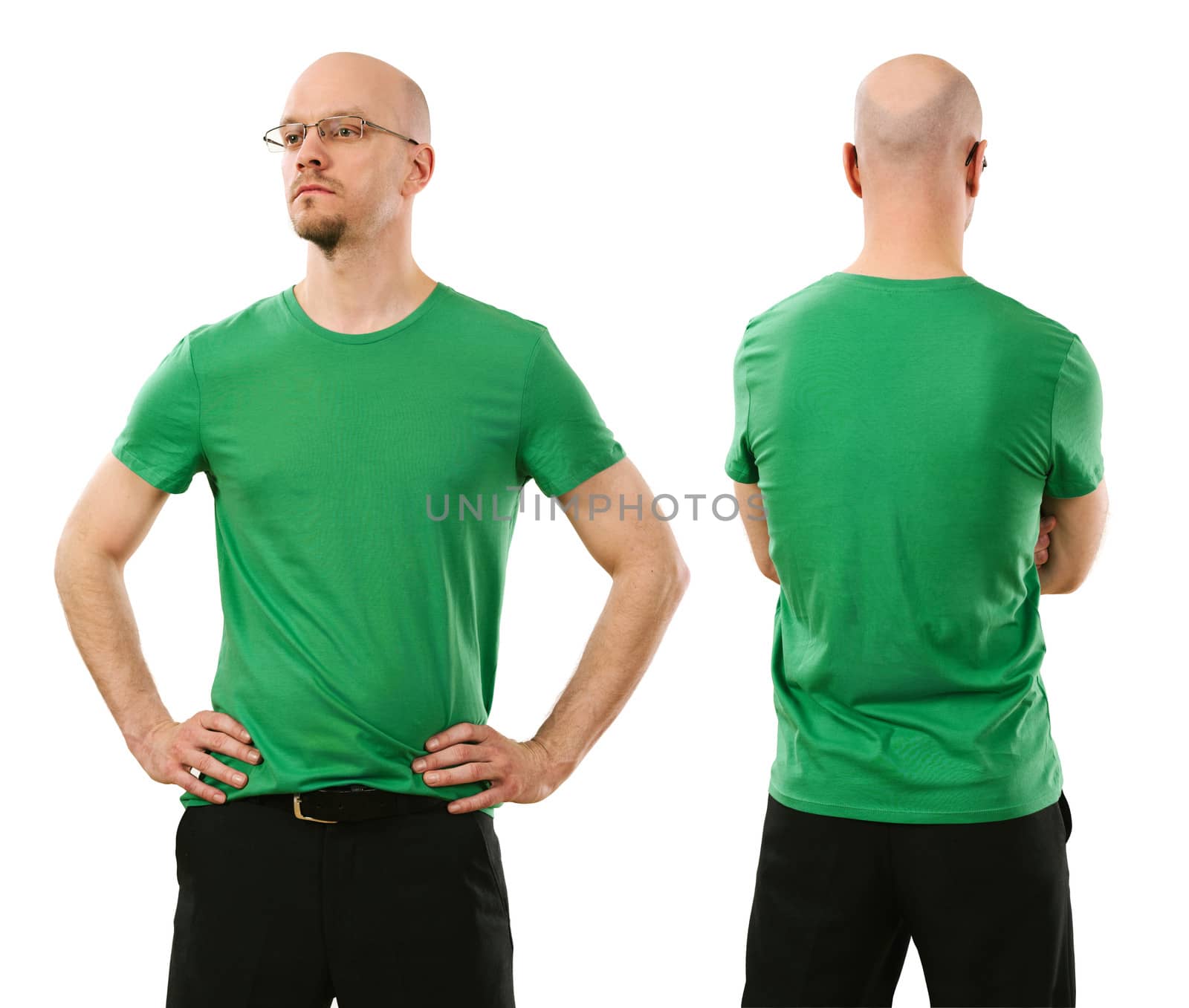 Photo of a man wearing blank green t-shirt, front and back. Ready for your design or artwork.