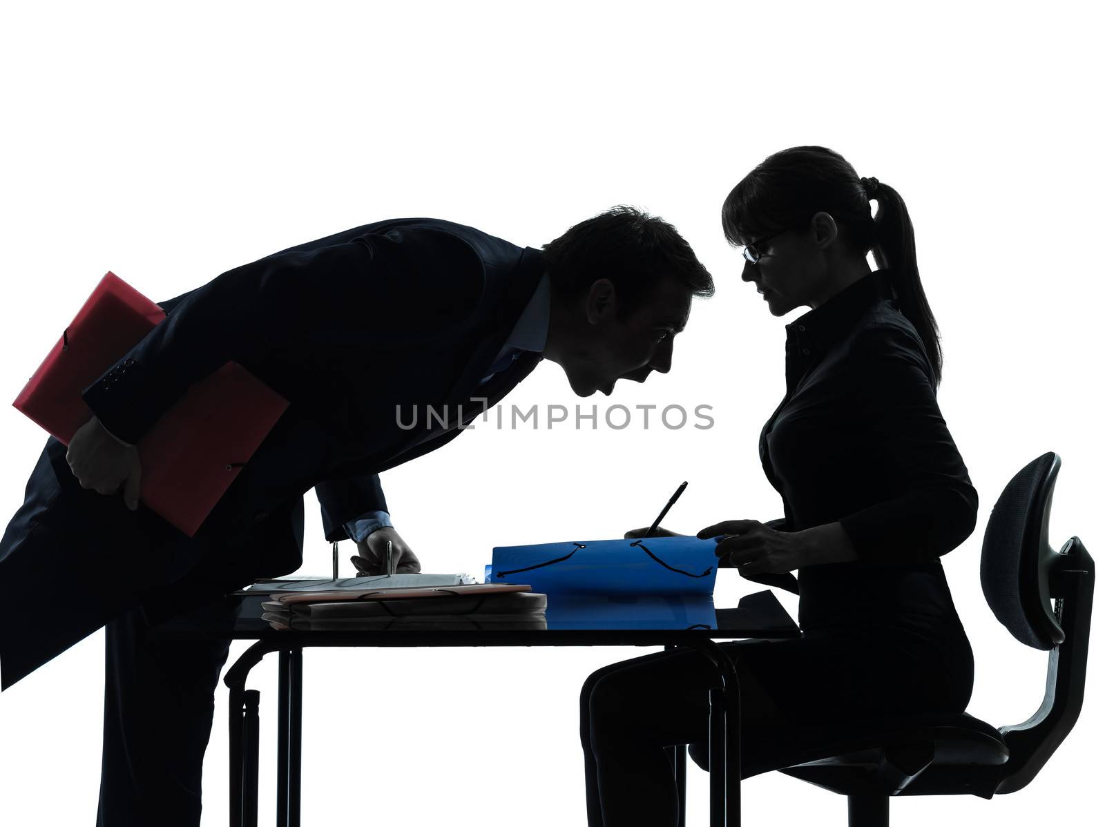 one caucasian business woman man couple in silhouette studio isolated on white background