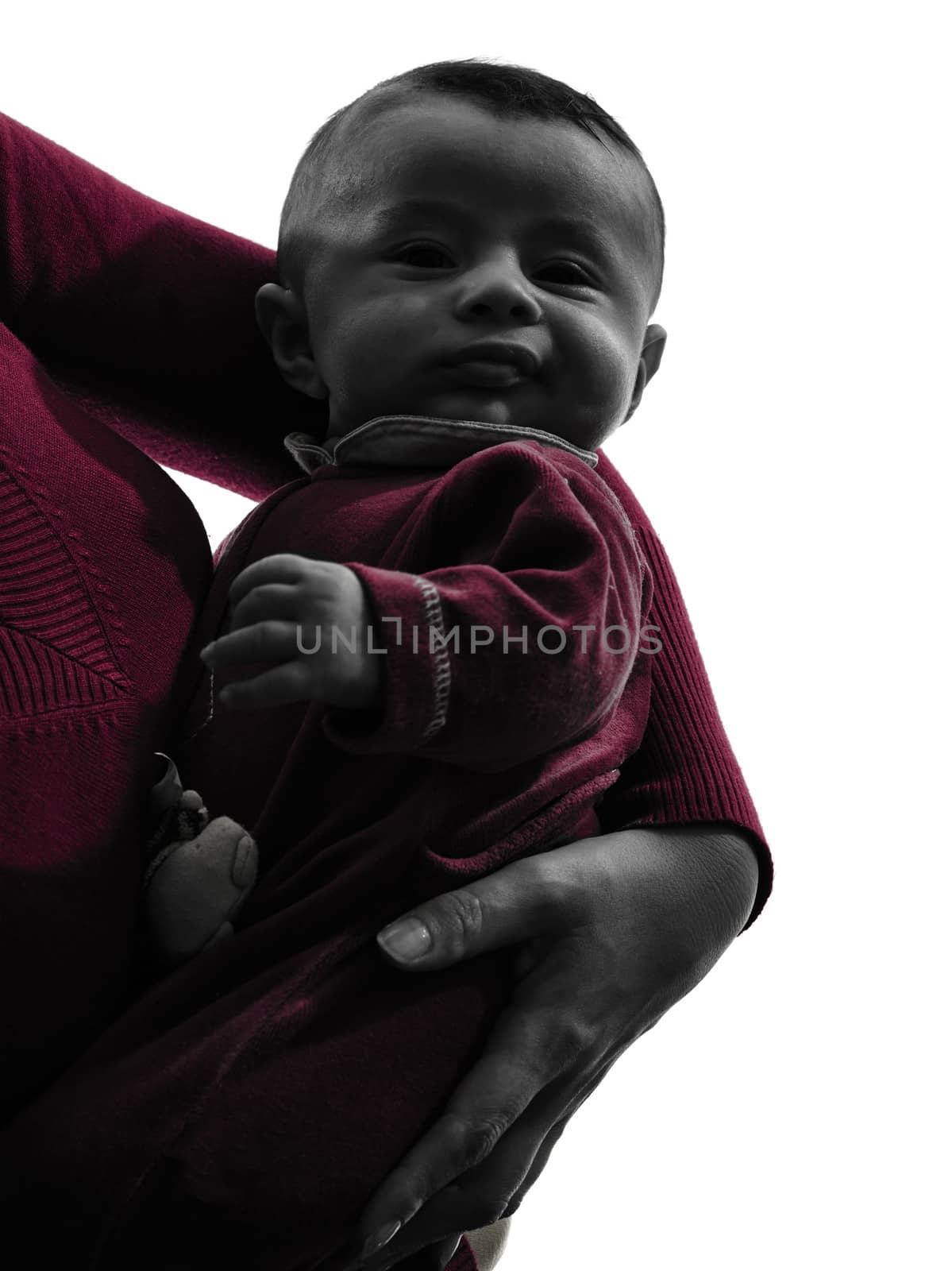 one caucasian baby in mother arms silhouette on white background