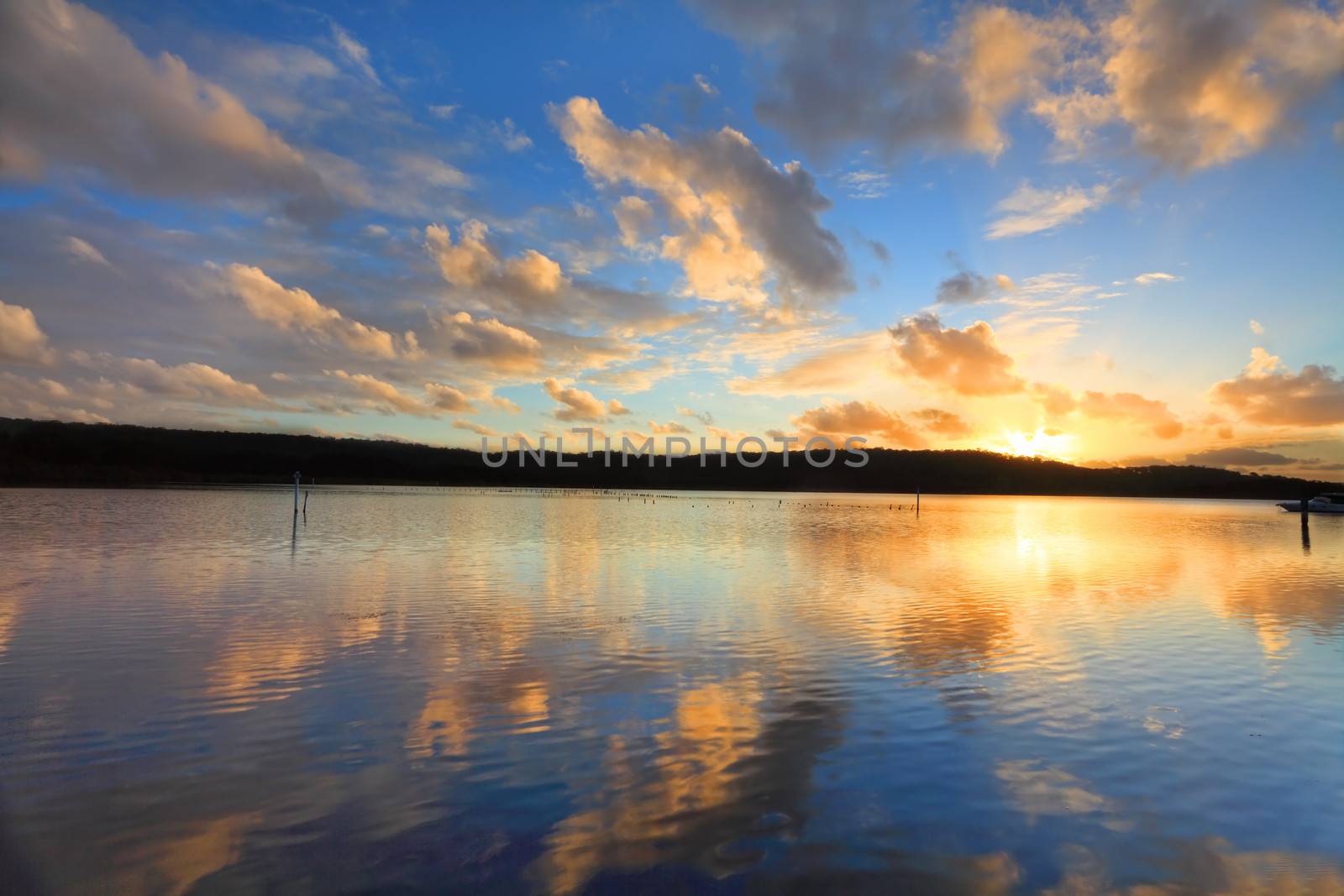 Summer sunset over the oyster farms, Central Coast, Australia