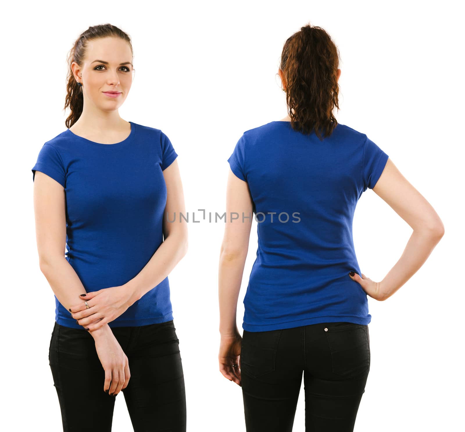 Smiling woman wearing blank blue shirt by sumners