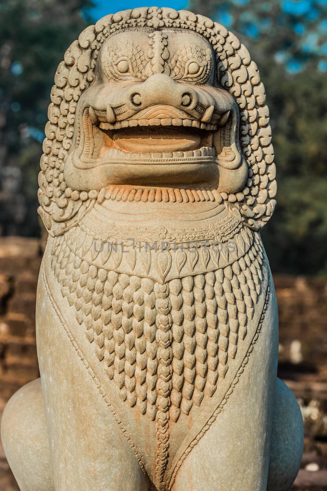 lion statue portrait angkor thom cambodia