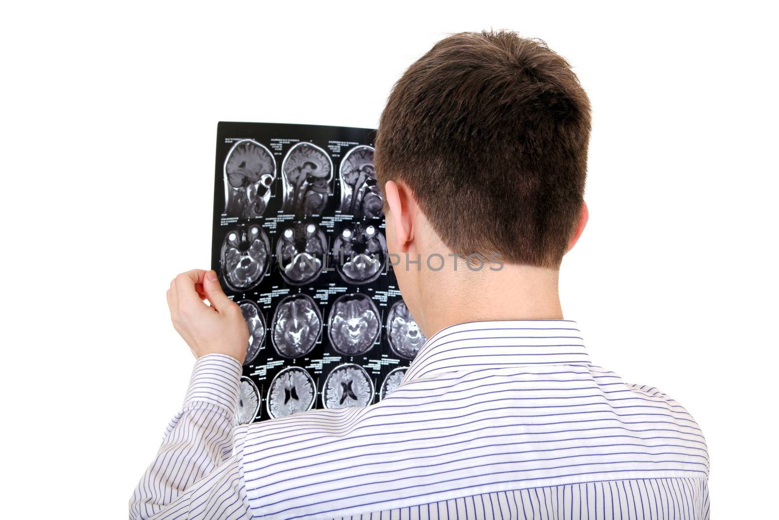 Rear view of the Young Man with Tomography Isolated on the white background