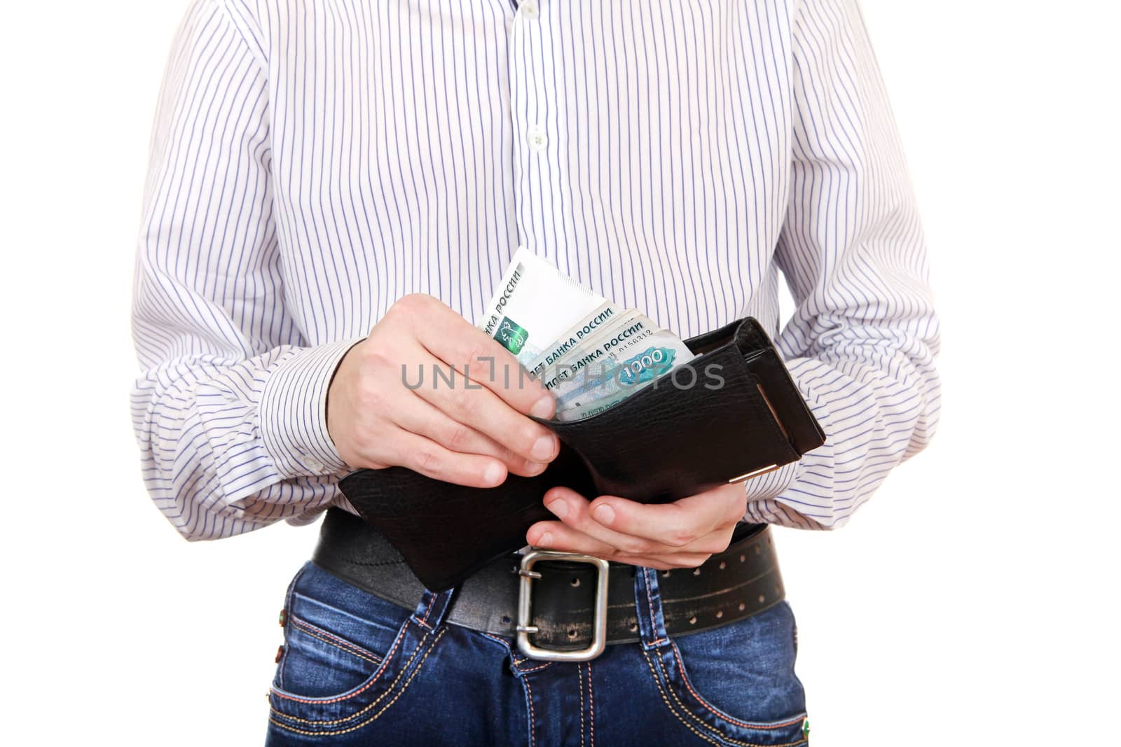 Man take out the Russian Currency from the Wallet. Isolated on the White Background