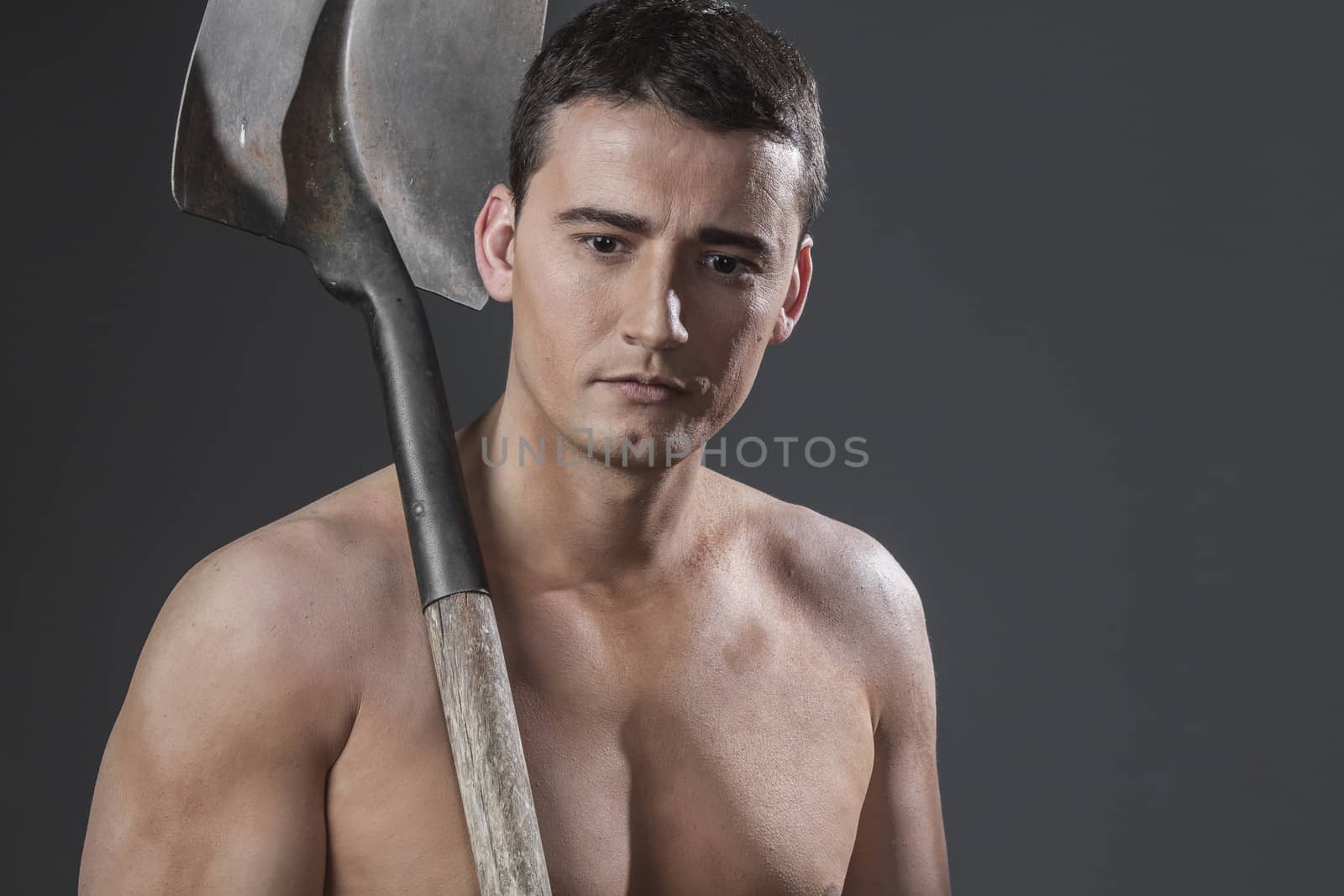 Job, Male worker holding a shovel, sexy builder