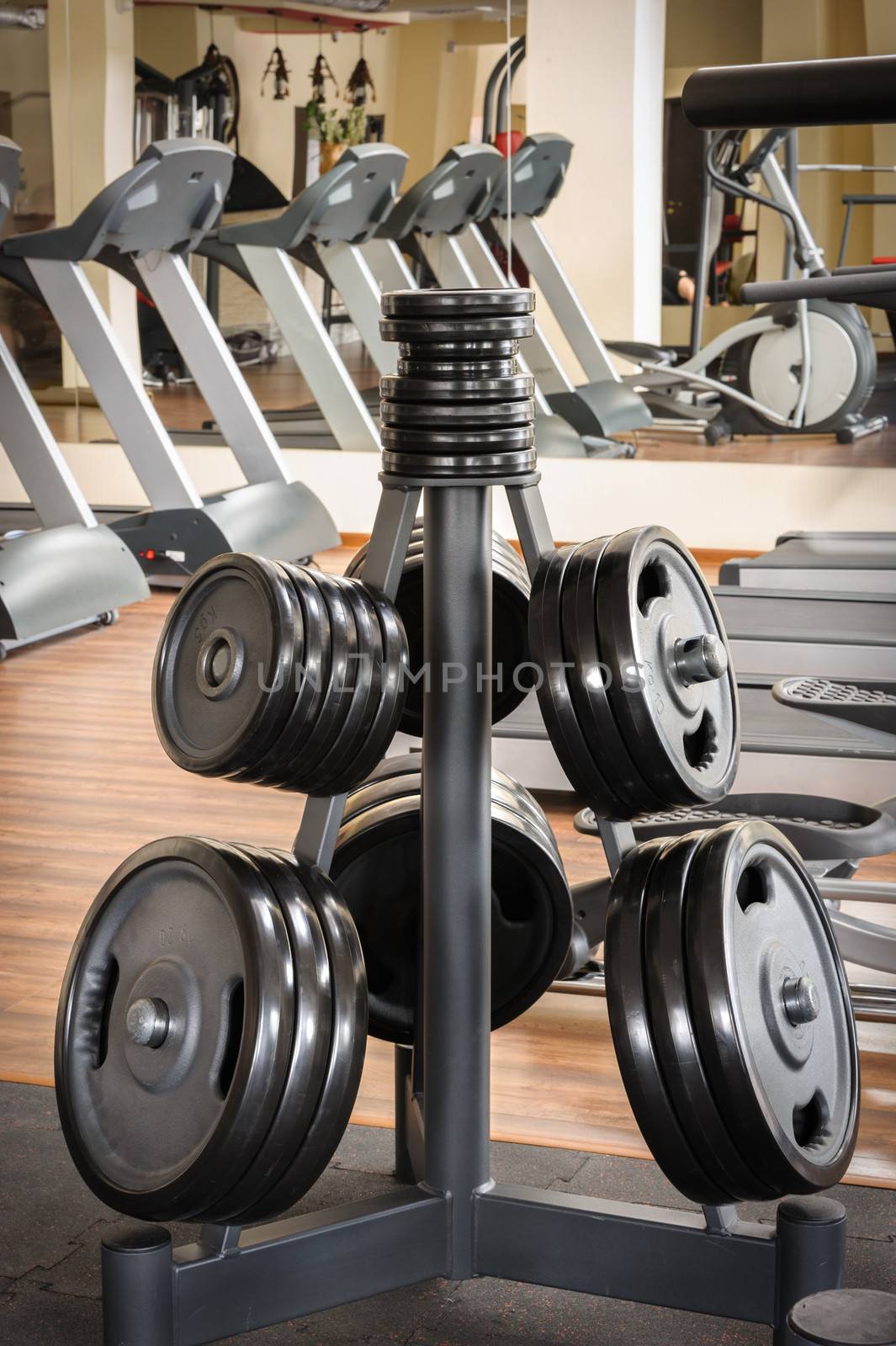 Barbell plates holder rack in the gym