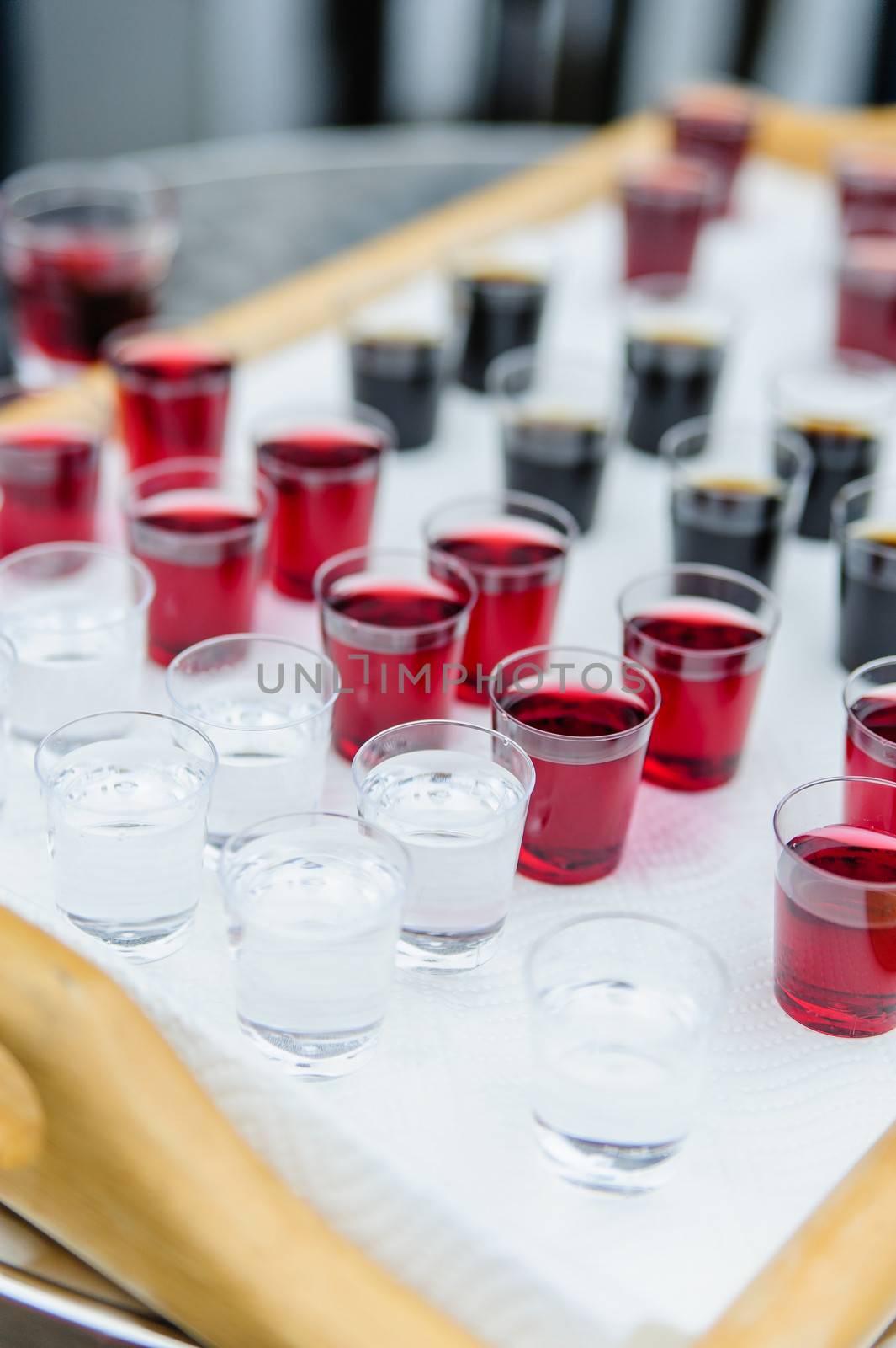 Shotglasses with different liquers for the wedding guests