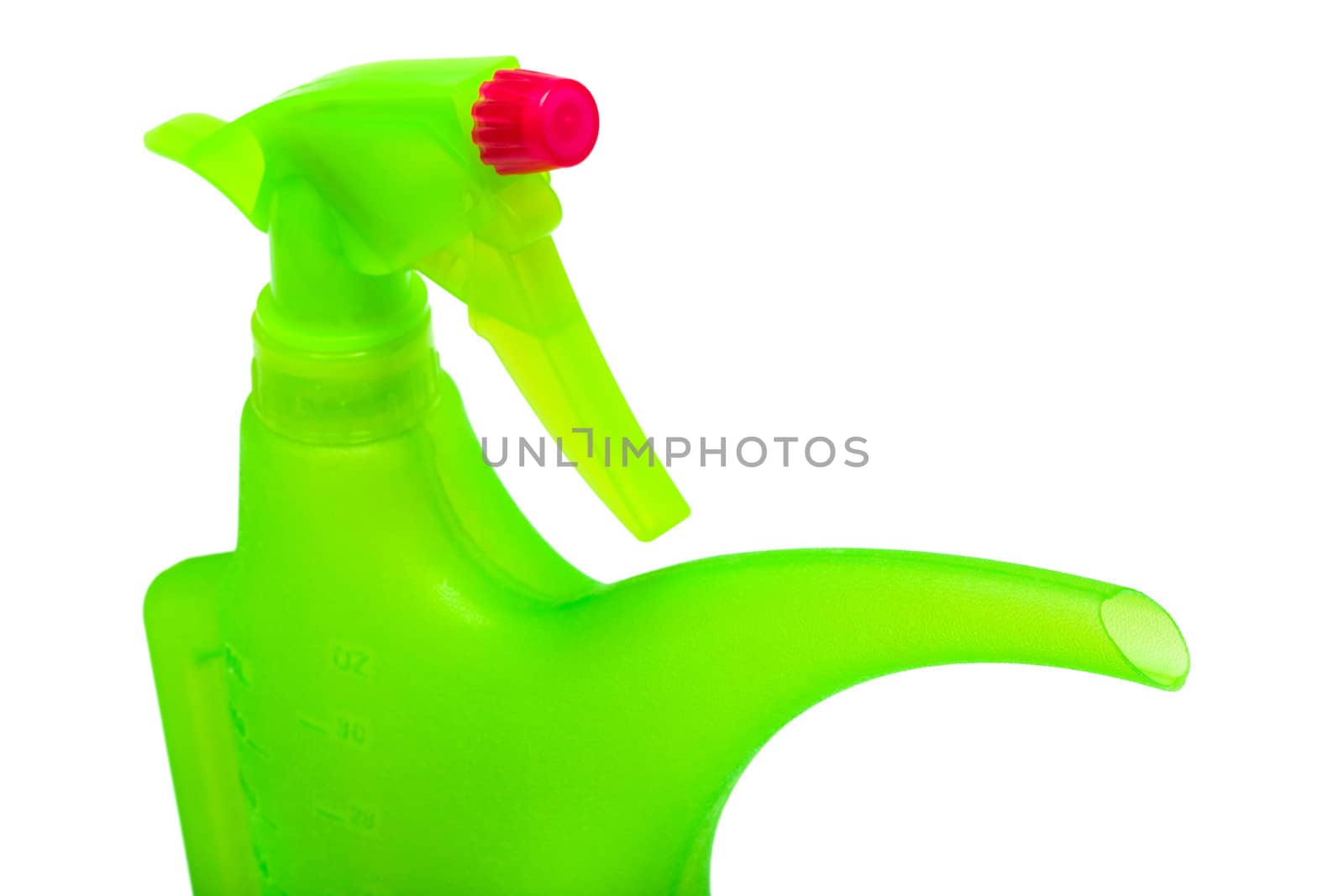 Green watering can on a white background