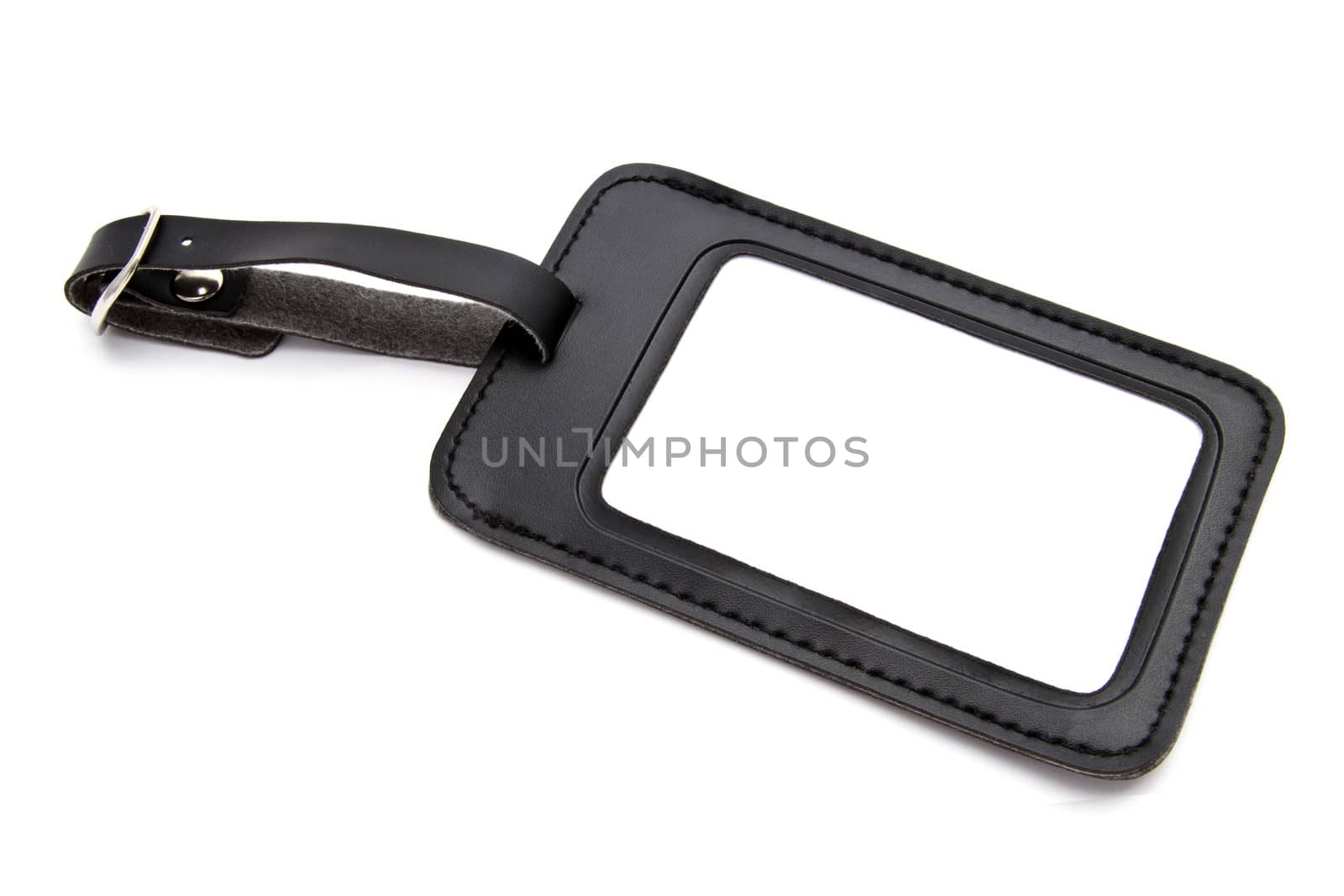 Black leather Luggage tag isolated on white background 