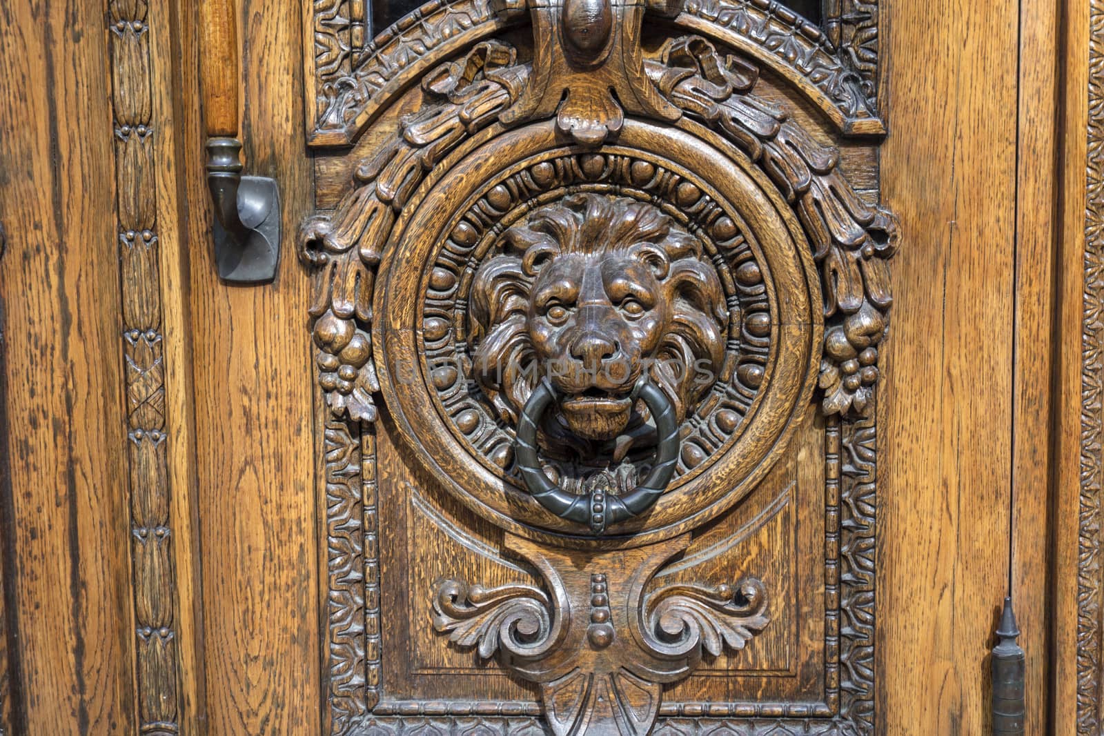Old wooden door with handle closeup 