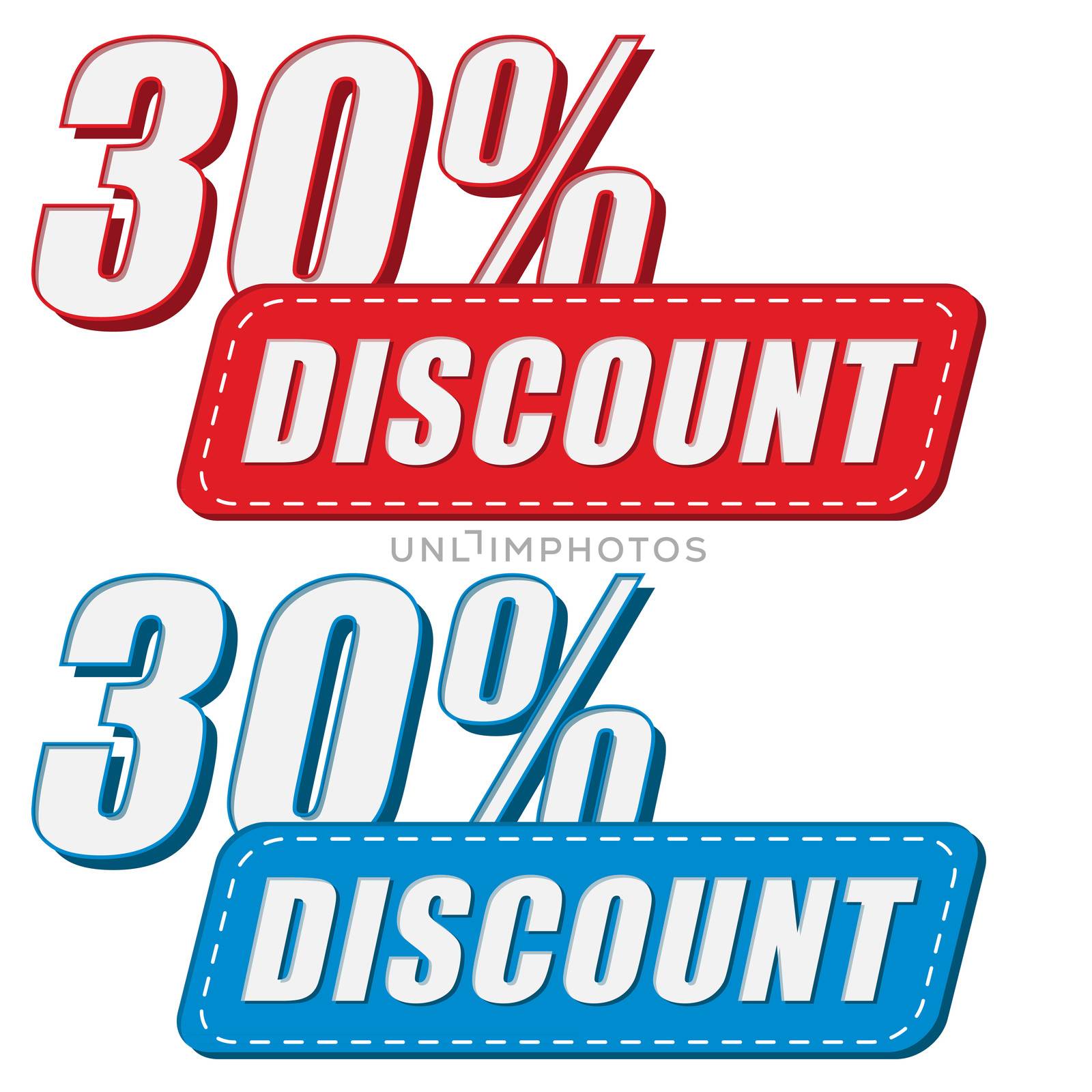 30 percentages discount in two colors labels, business shopping concept, flat design