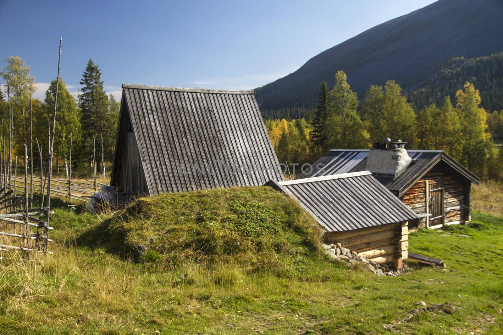 Swedish traditional wooden cabins in the mountains