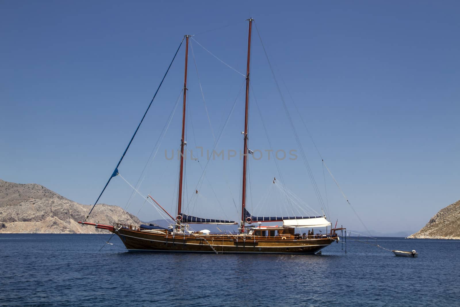 Old sailing boat in Lindos village, Rhodes, Greece