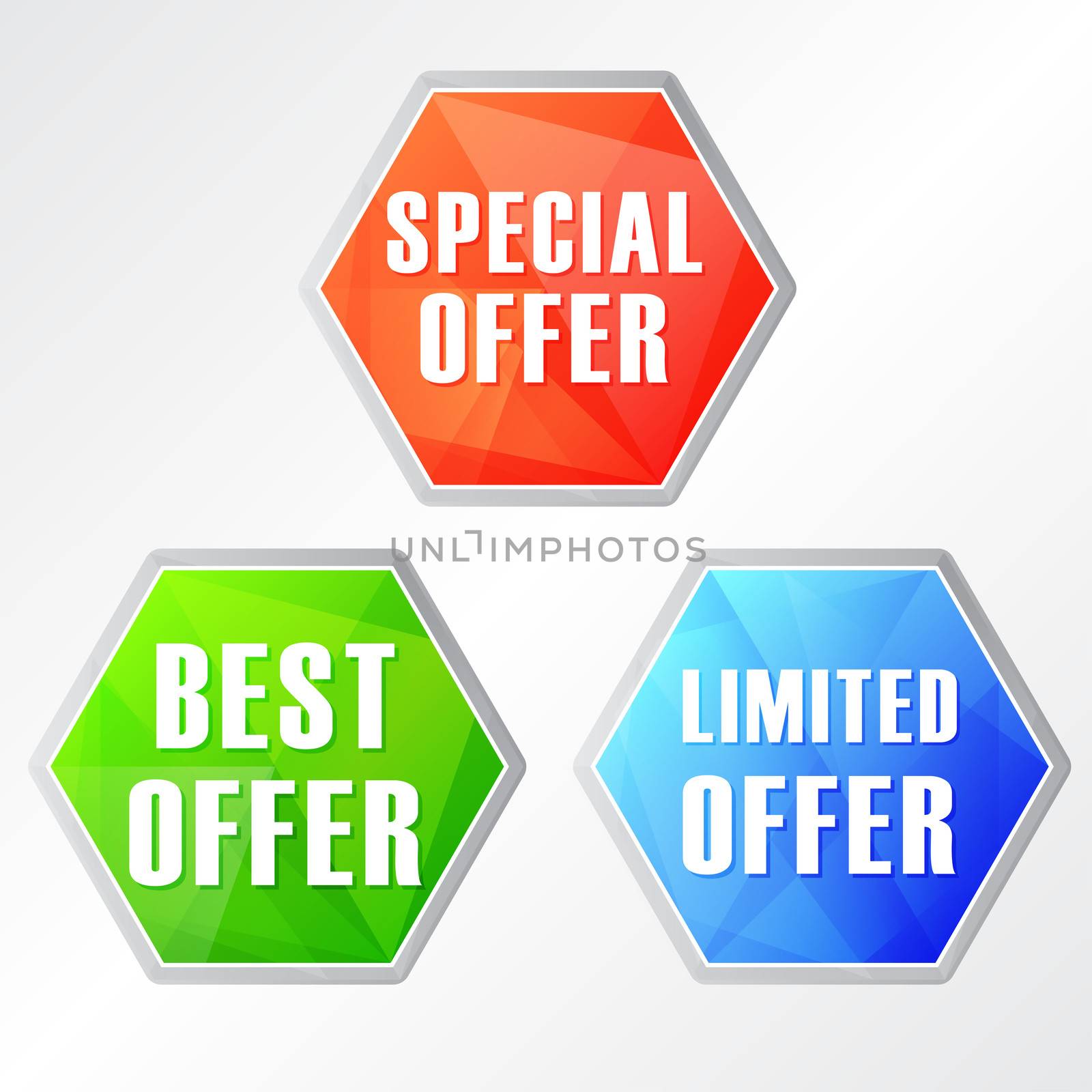 special, best, limited offer, three colors hexagons web icons, flat design, business shopping concept