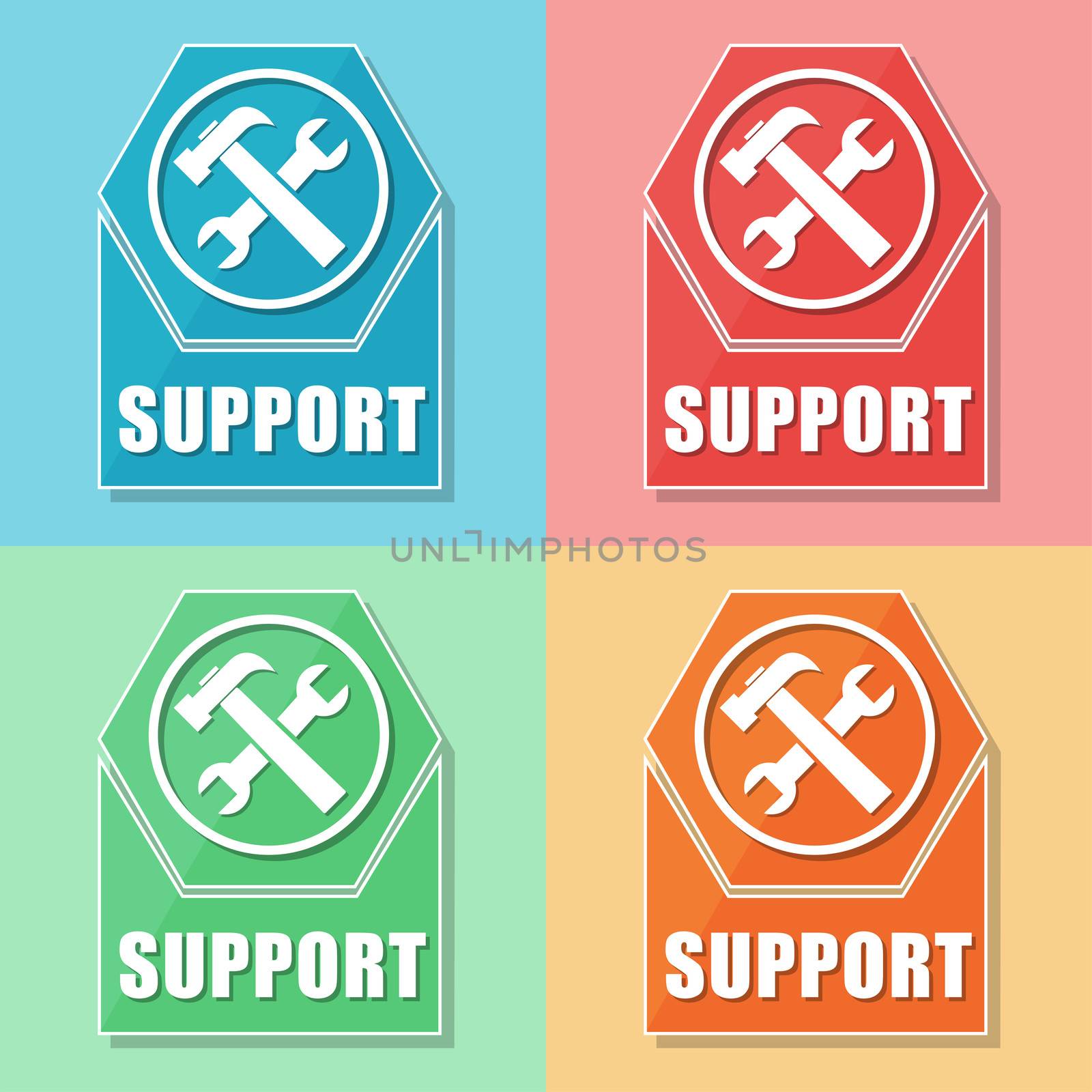 support and tools sign - four colors web icons with symbol, flat design, business service concept