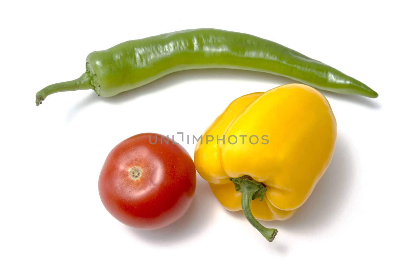 tamato and pepper closeup on white background