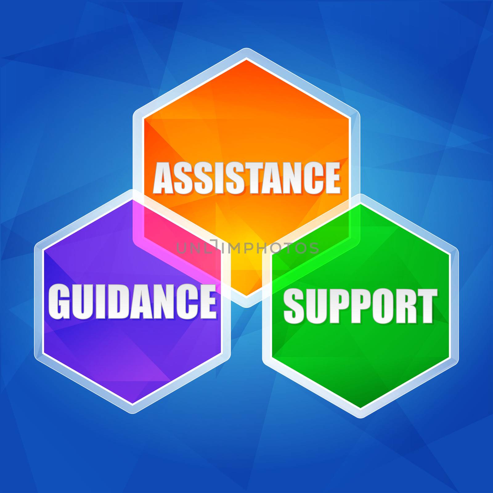 assistance, support, guidance in hexagons, flat design by marinini