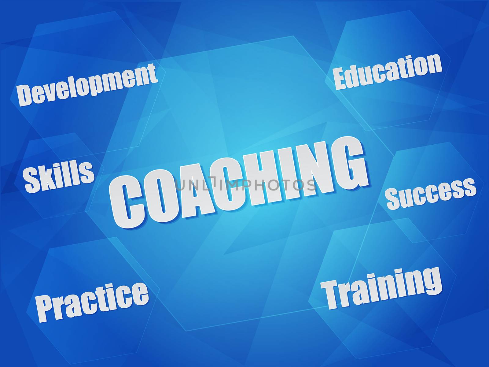 coaching and business concept words in hexagons over blue background, flat design