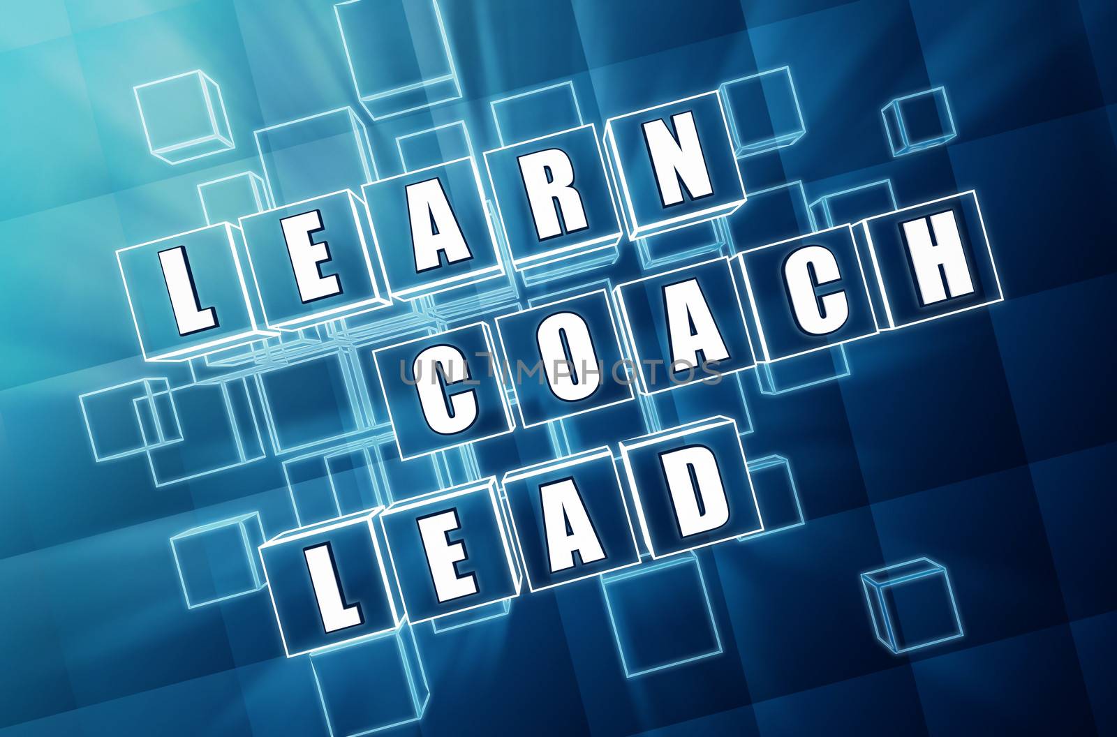 learn, coach, lead - text in 3d blue glass cubes with white letters, business education concept