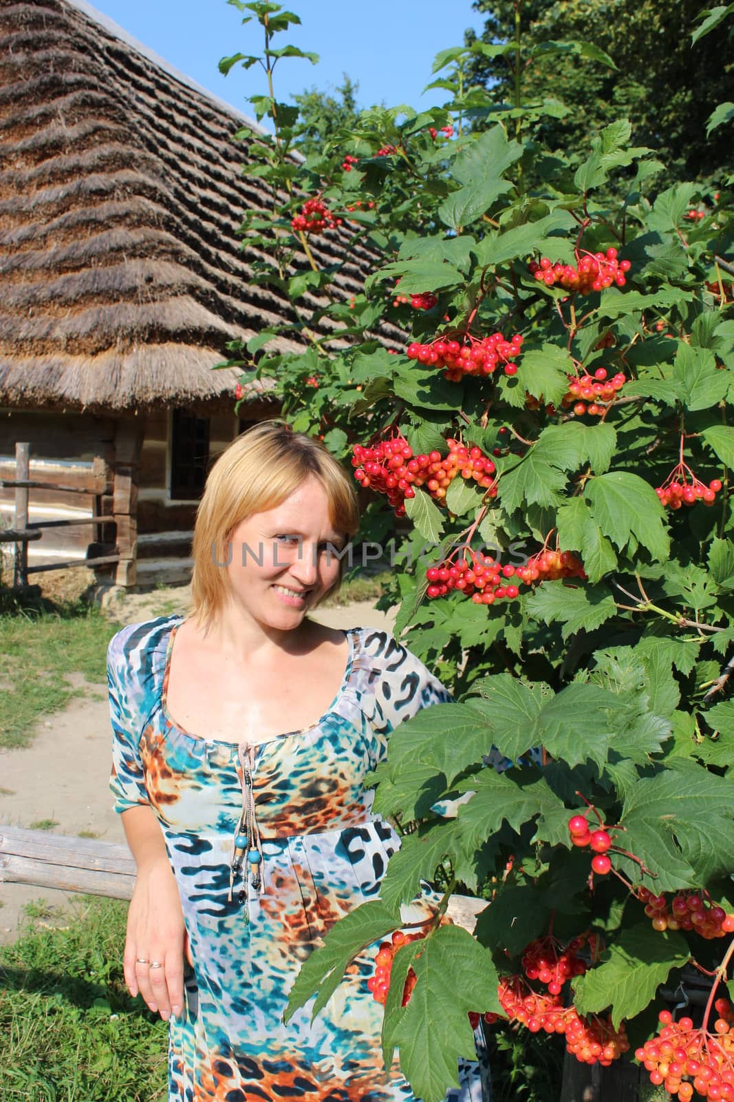 girl with clustered red guelder-rose besides an old rural house by alexmak