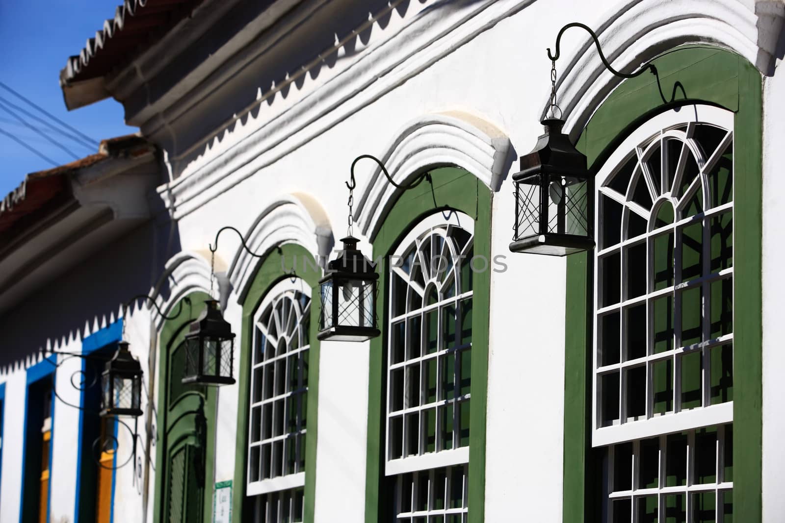 green painted windows of the beautiful portuguese colonial typical town of parati in rio de janeiro state brazil