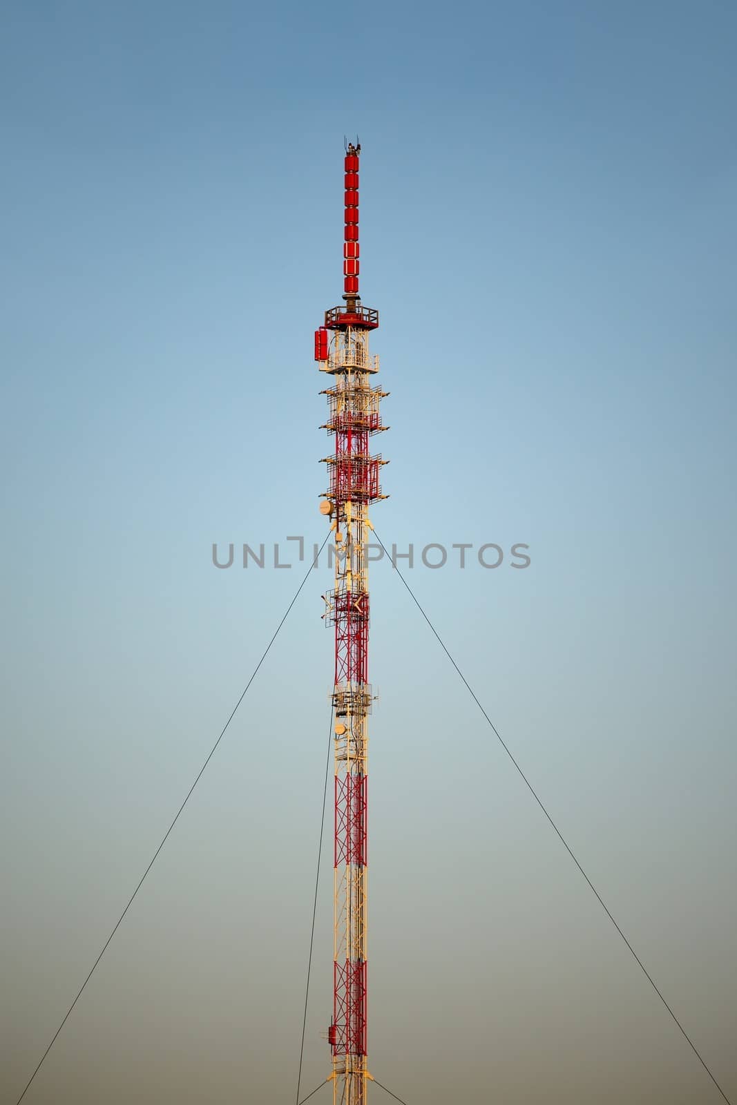 Transmitter tower detail against blue sky