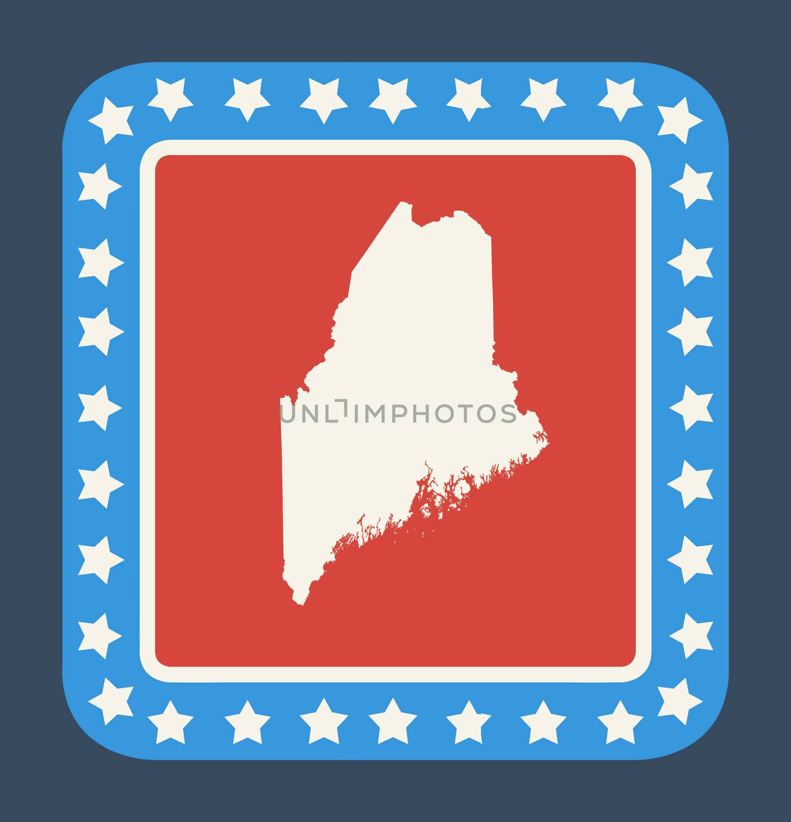 Maine state button on American flag in flat web design style, isolated on white background.
