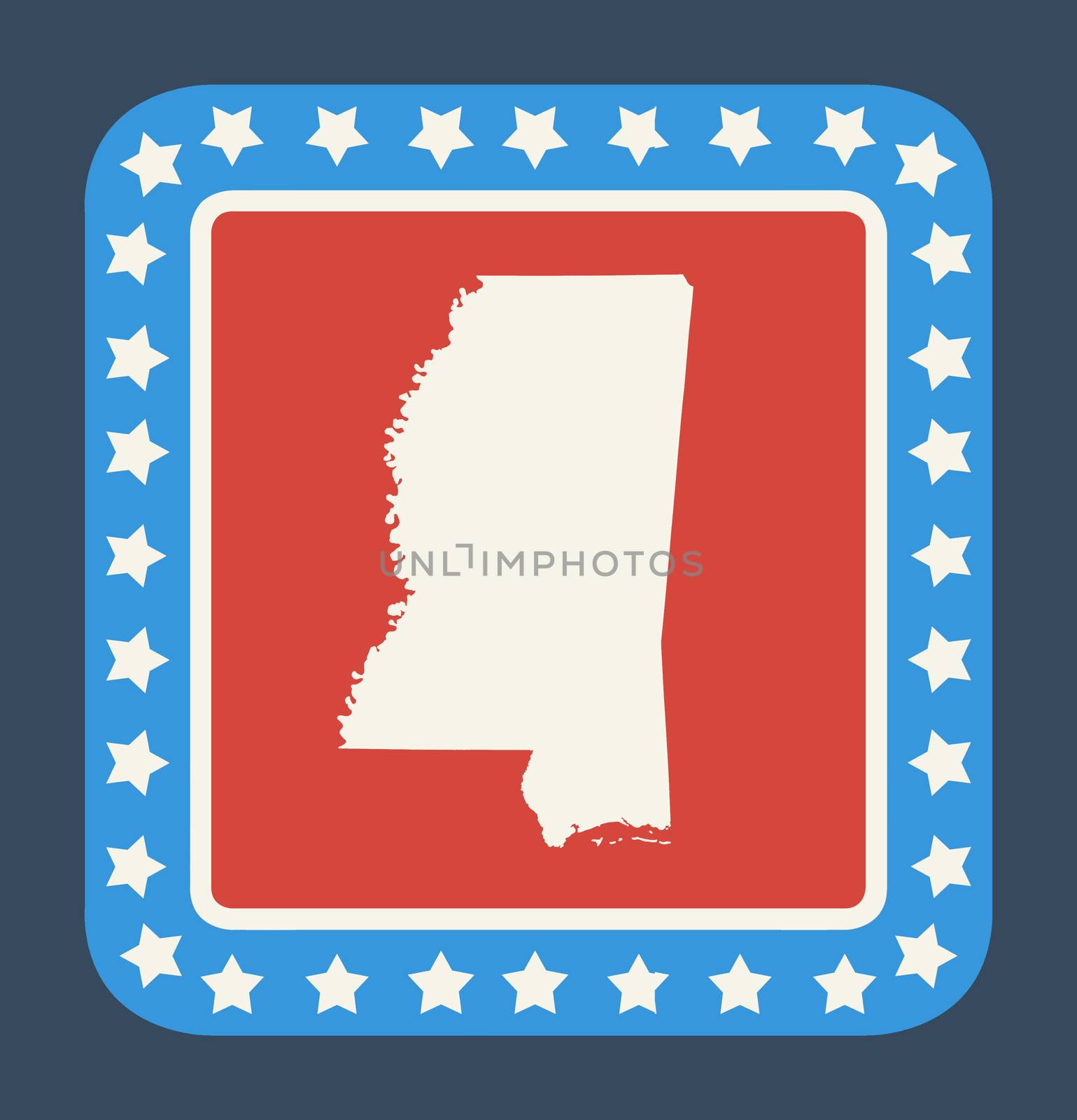 Mississippi state button on American flag in flat web design style, isolated on white background.