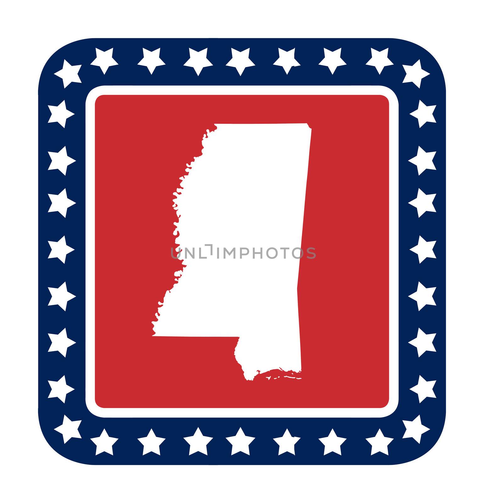Mississippi state button on American flag in flat web design style, isolated on white background.