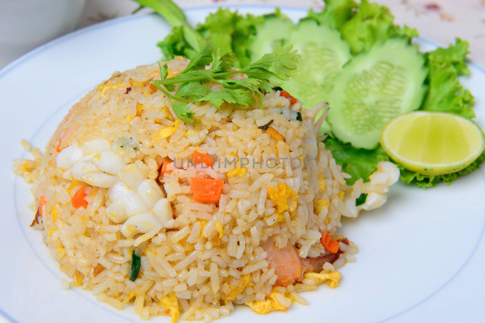 Thai food name seafood fried rice with shrimp and squid