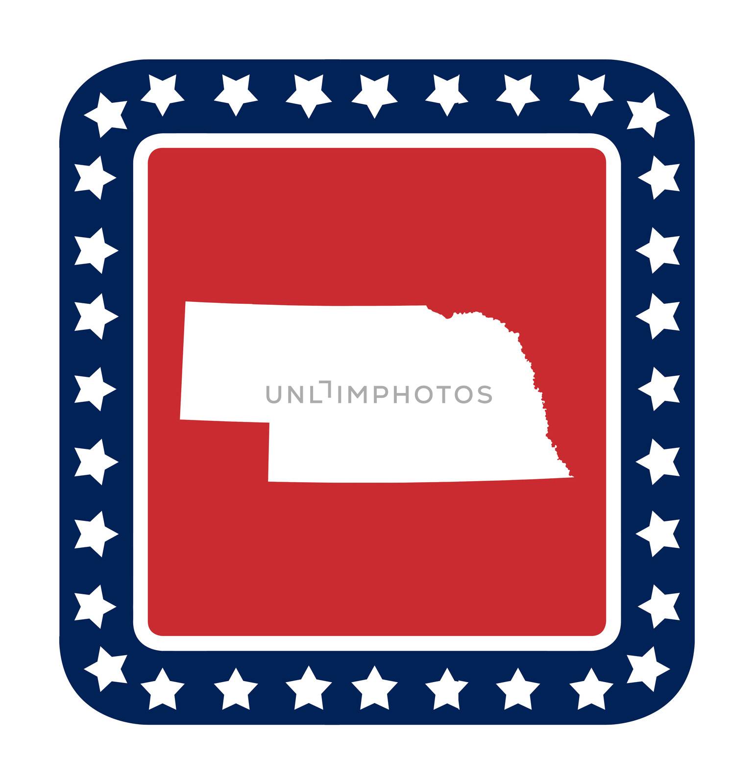 Nebraska state button on American flag in flat web design style, isolated on white background.