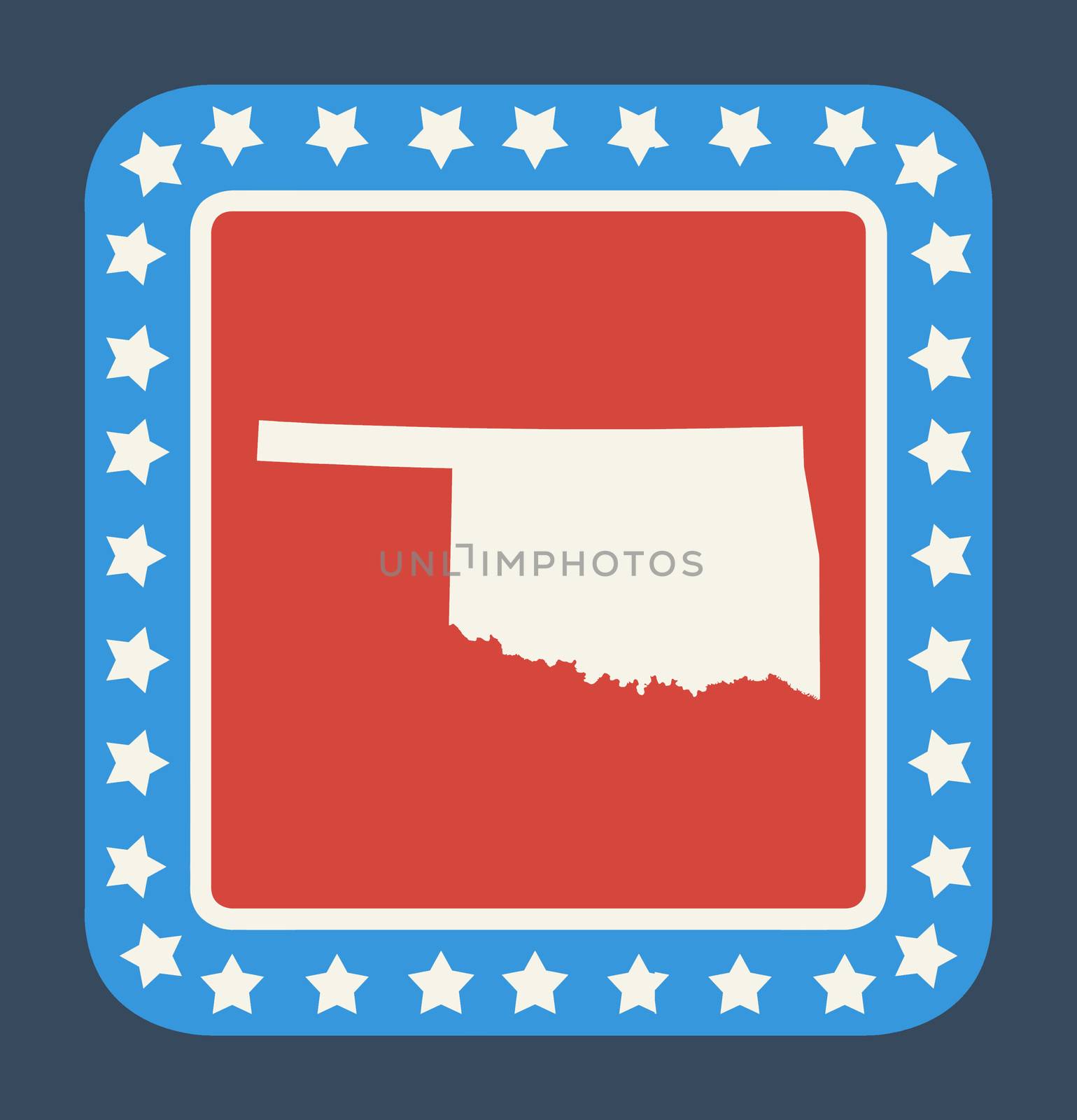 Oklahoma state button on American flag in flat web design style, isolated on white background.