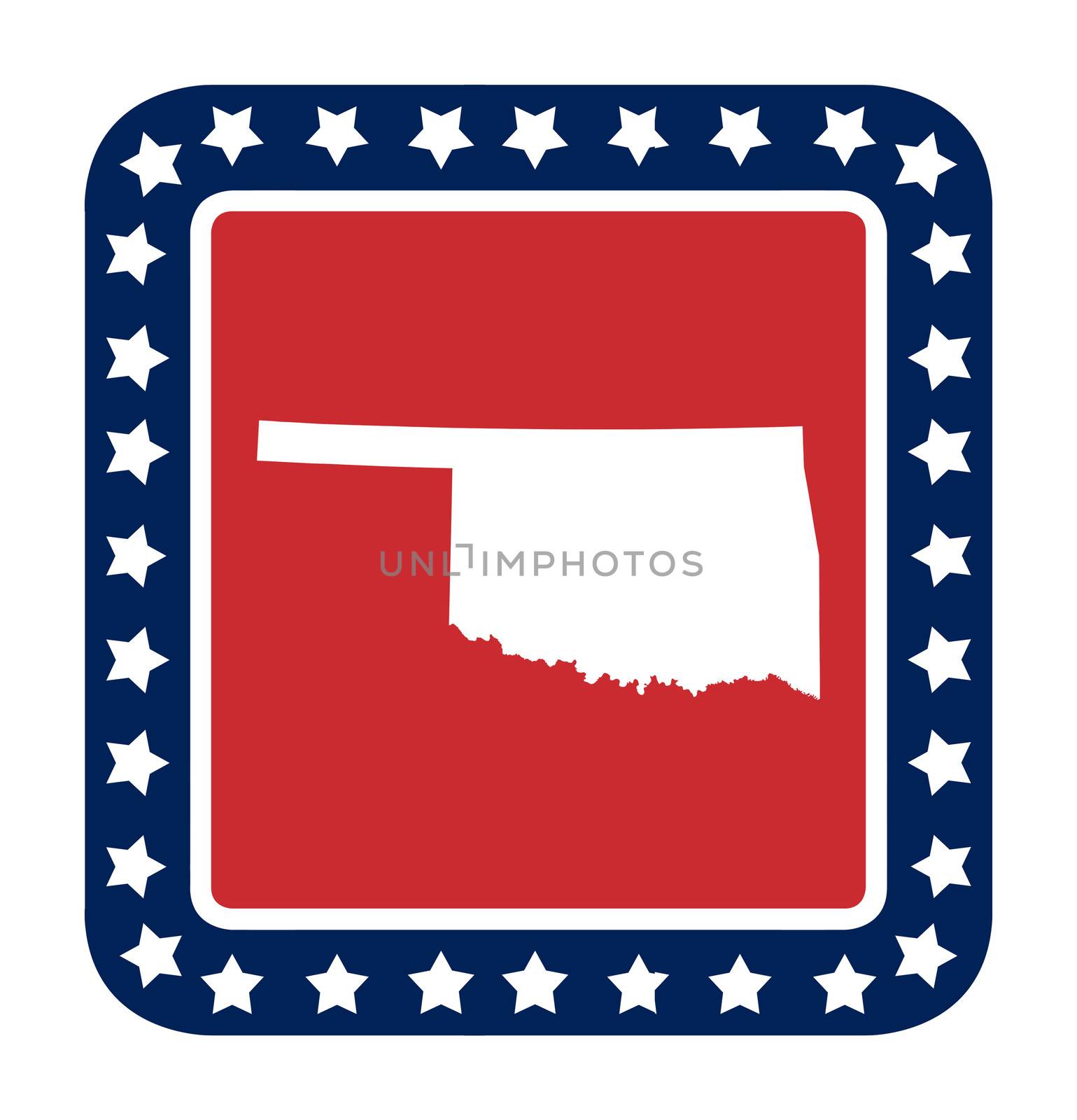 Oklahoma state button on American flag in flat web design style, isolated on white background.