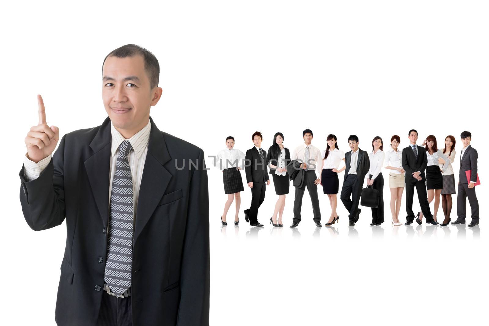Mature businessman of Asian got an idea and standing in front of his team on studio white background.