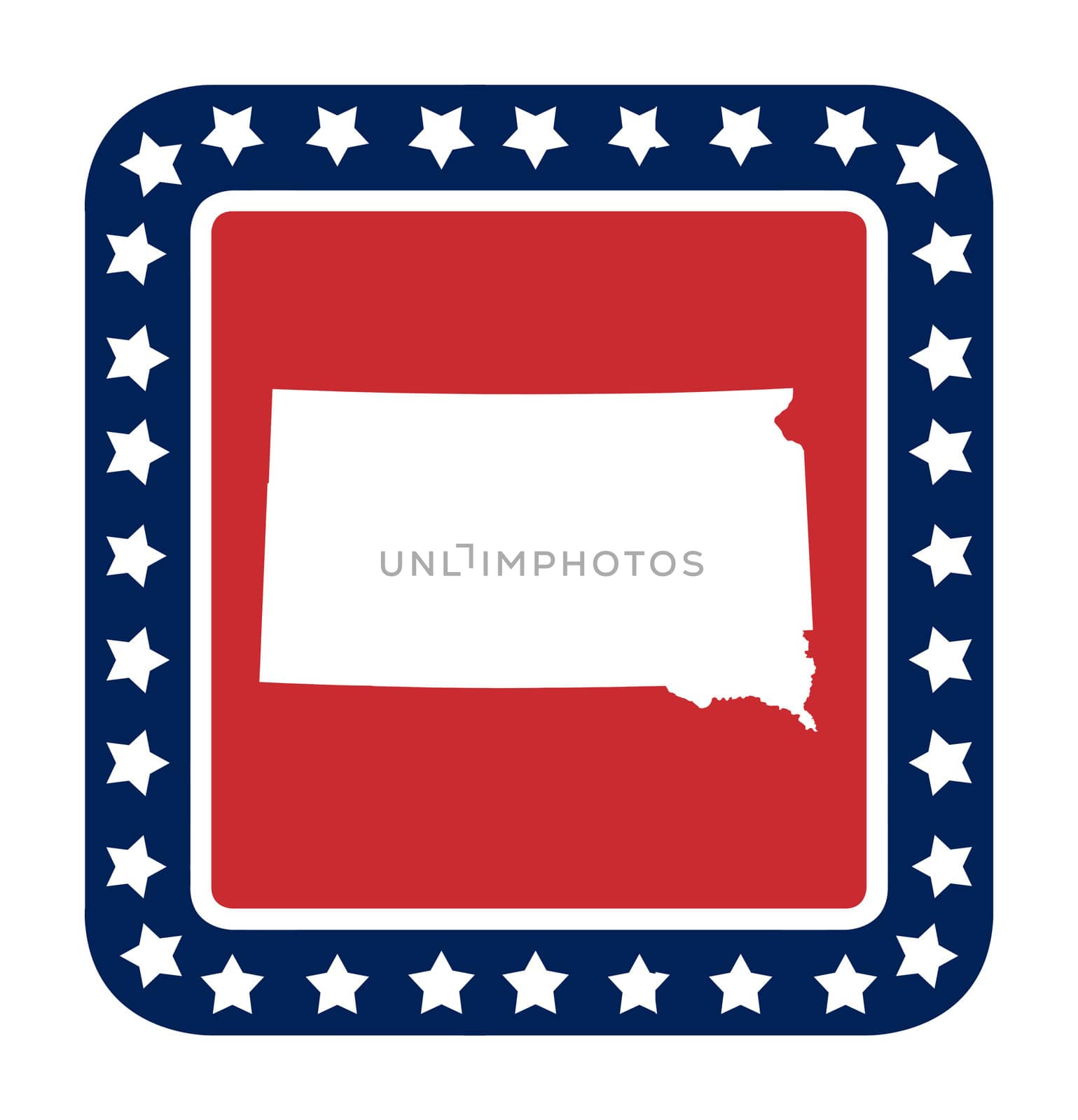 South Dakota state button on American flag in flat web design style, isolated on white background.