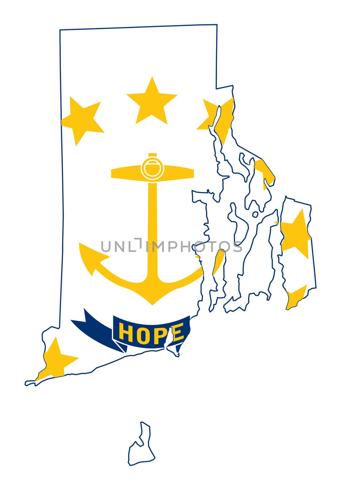 State of Rhode island flag map isolated on a white background, U.S.A.