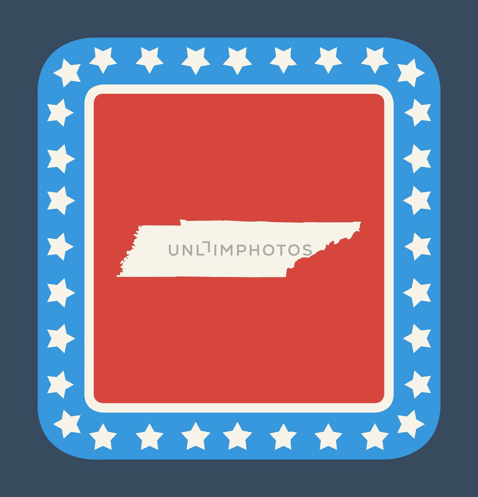 Tennessee state button on American flag in flat web design style, isolated on white background.