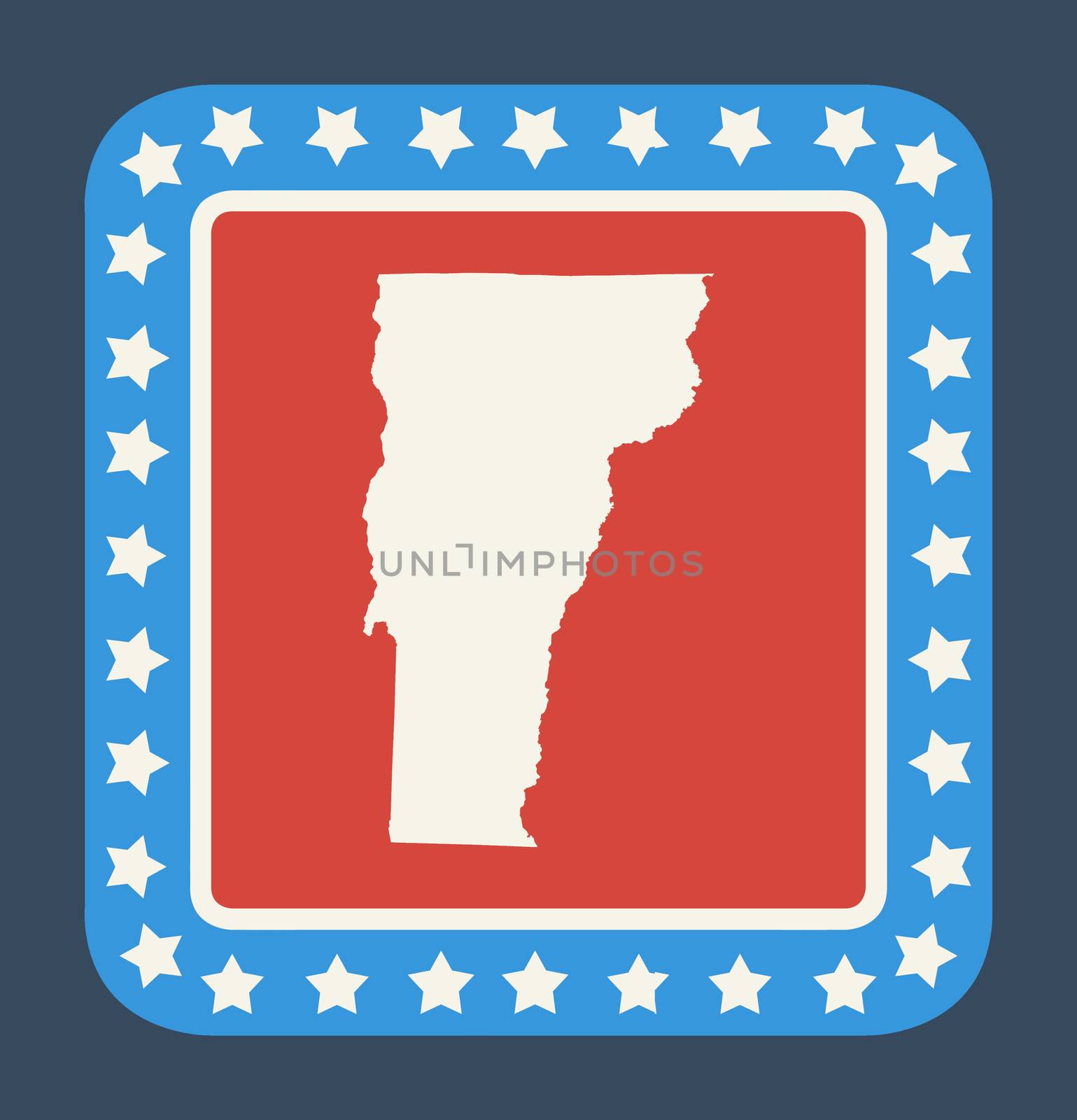 Vermont state button on American flag in flat web design style, isolated on white background.